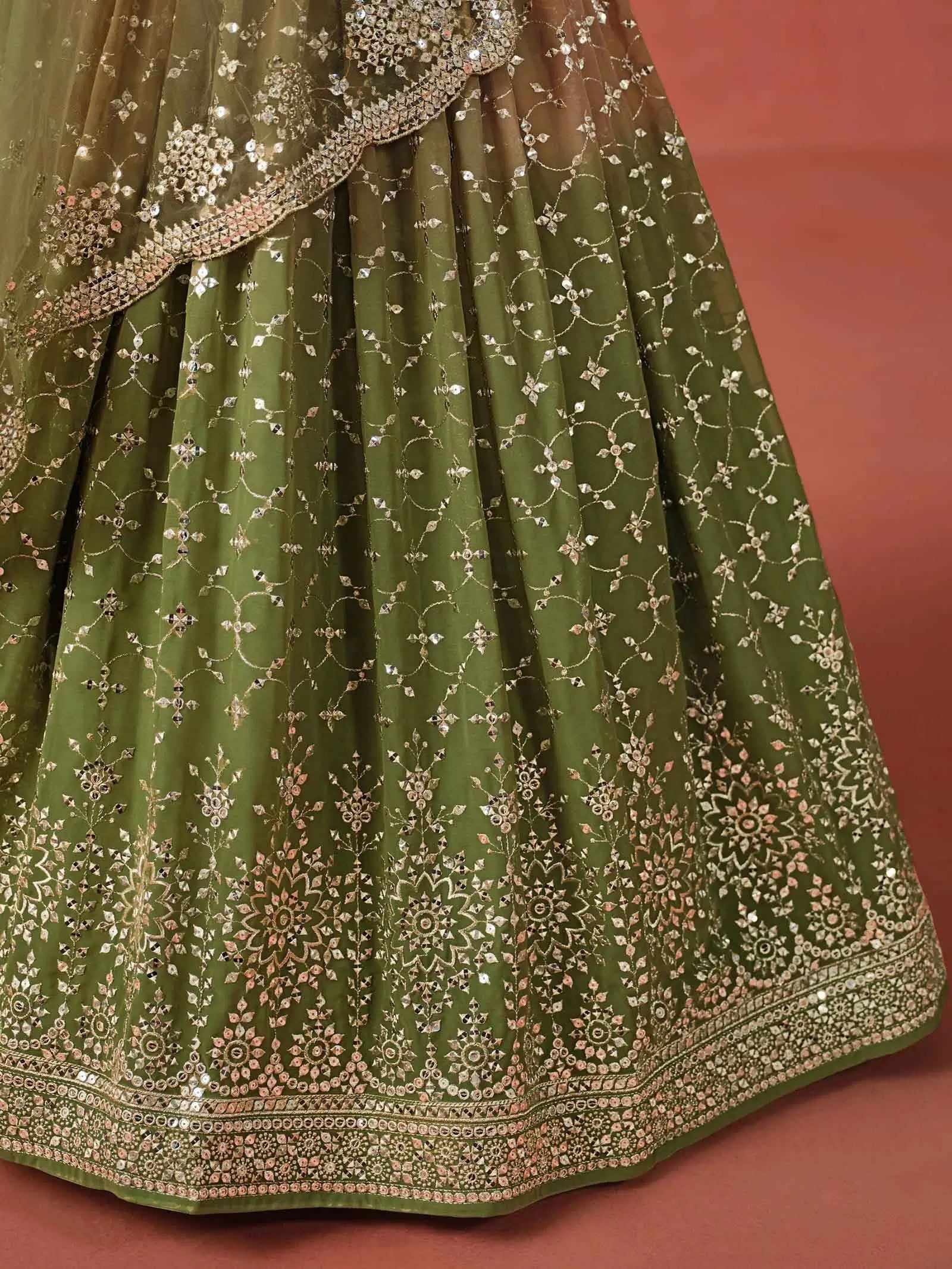 Mehndi Green Gradient Georgette Lehenga With Zari Sequins Embroidery Work - qivii