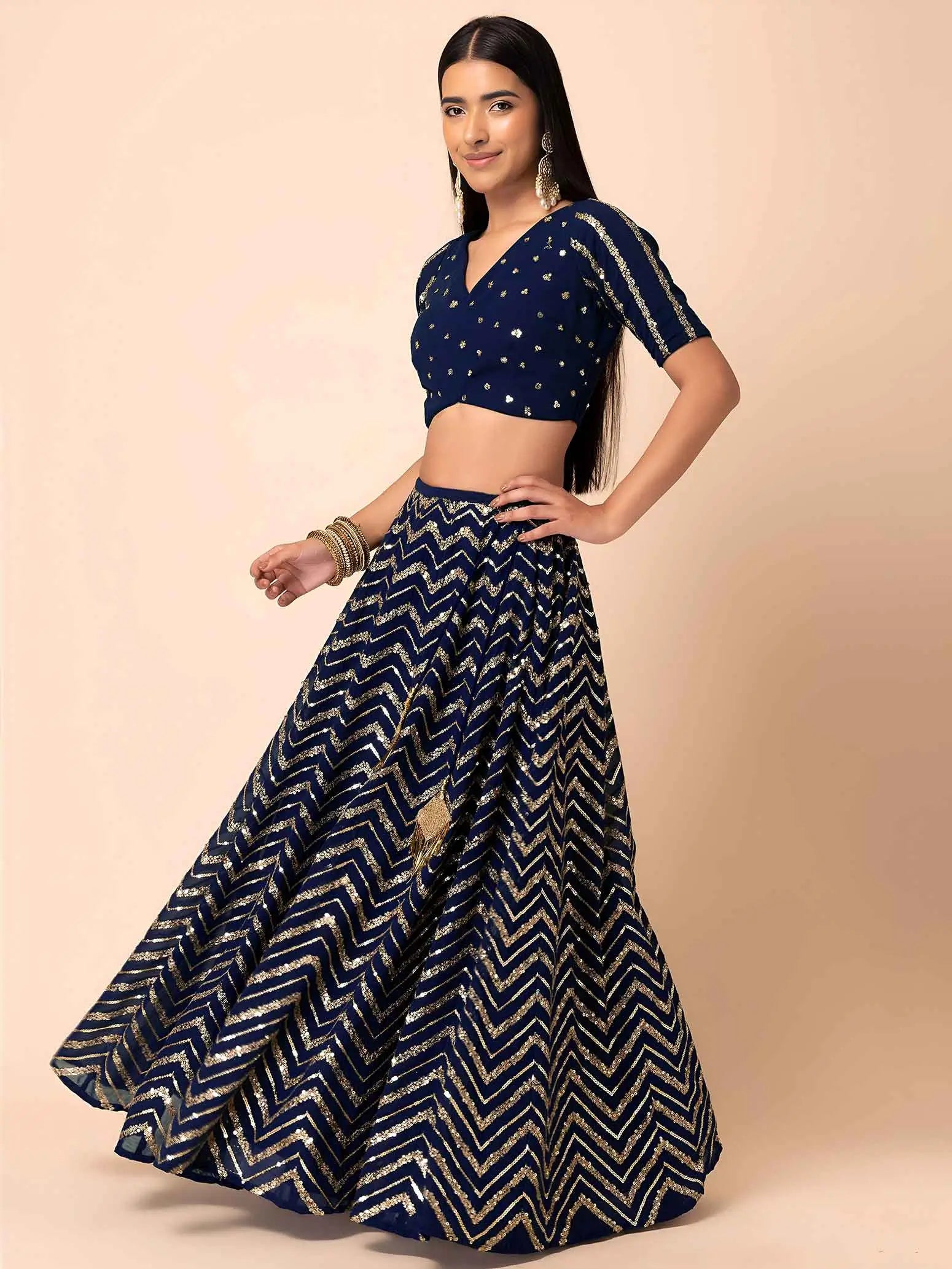 Navy Blue Georgette Embroidered Lehenga