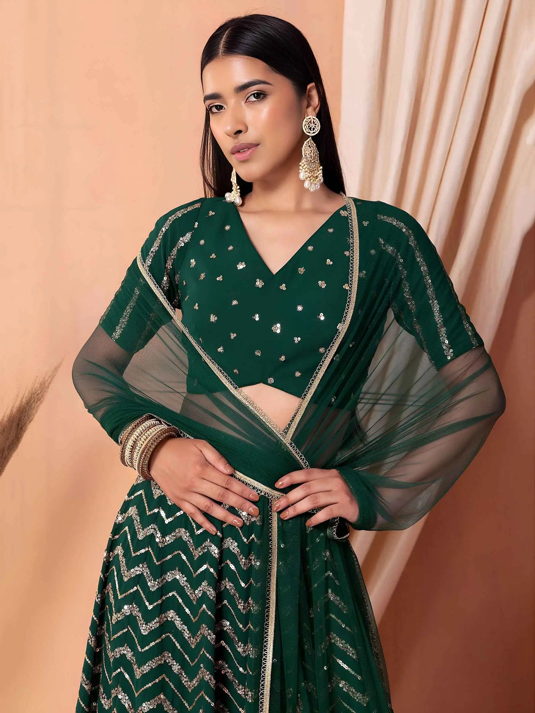 Dark Green Georgette Embroidered Lehenga