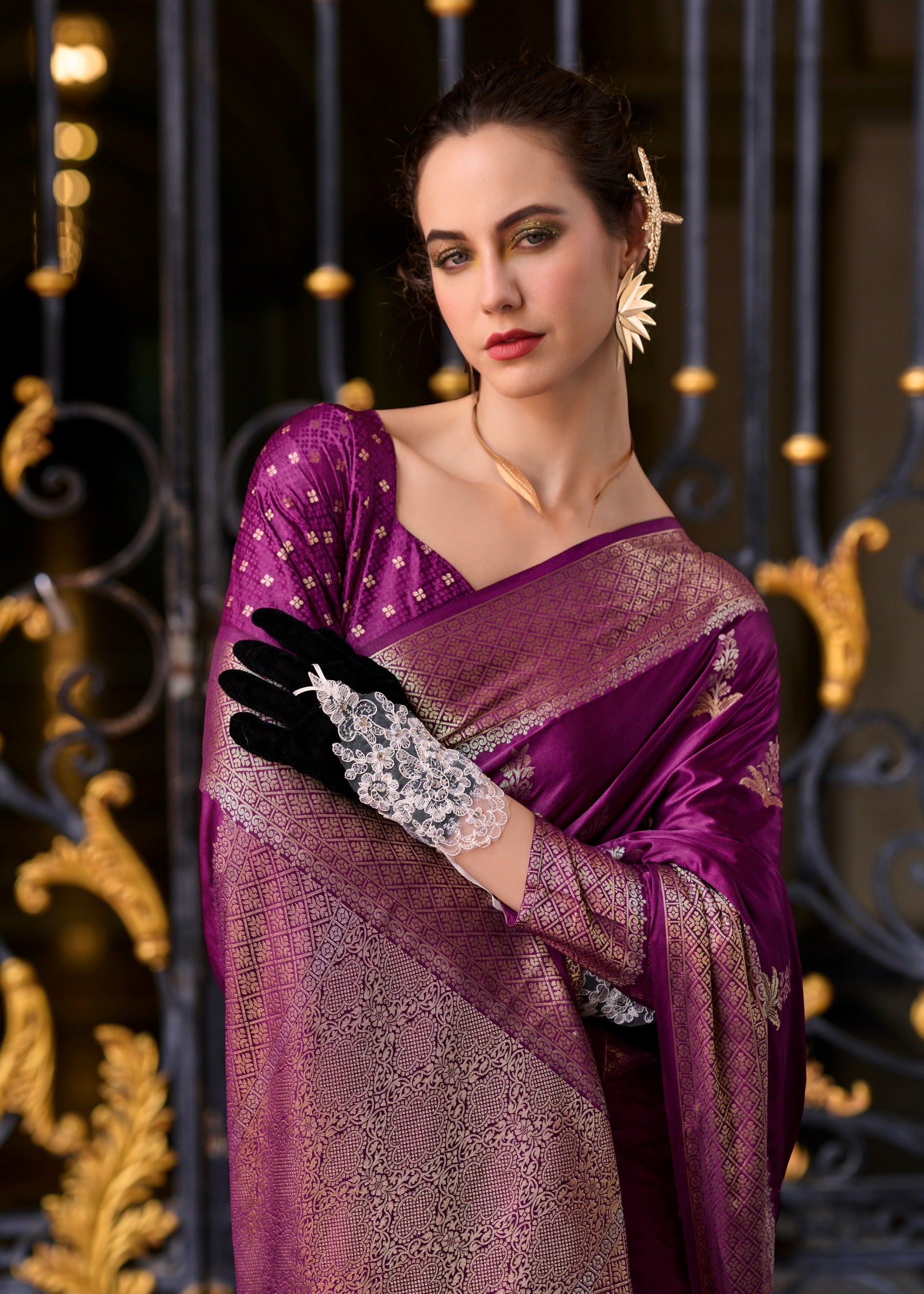 Purple Satin Mungha Silk saree for Party and Festival Wear