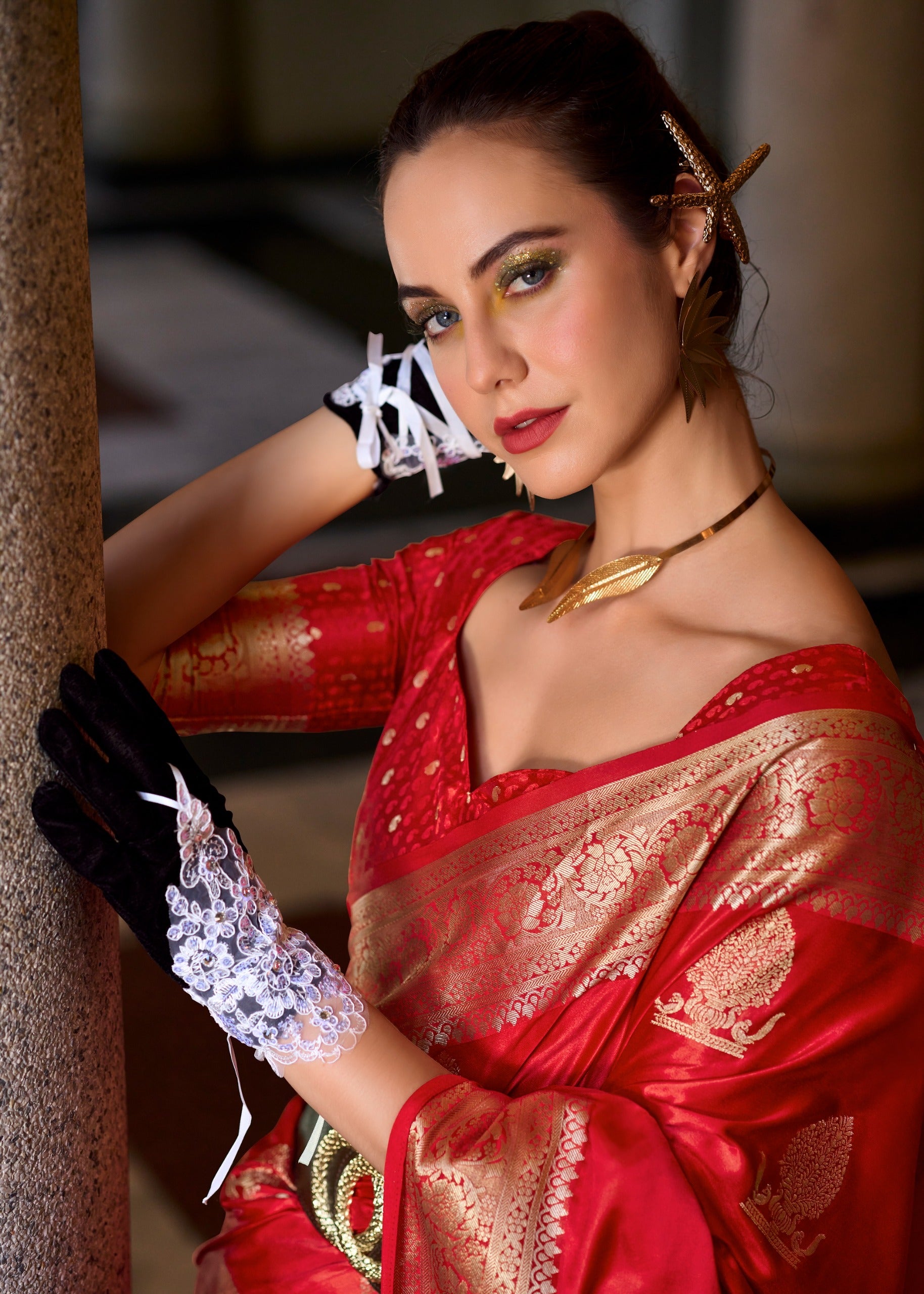 Pure Satin Mungha Silk Blouse with intricate weaving, perfect match for the Red Satin Mungha Silk Saree