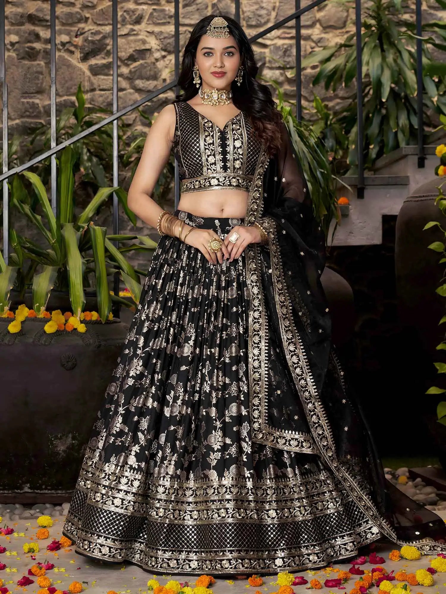 Designer Black Jacquard Lehenga With Zari Sequins Embroidery Work - qivii