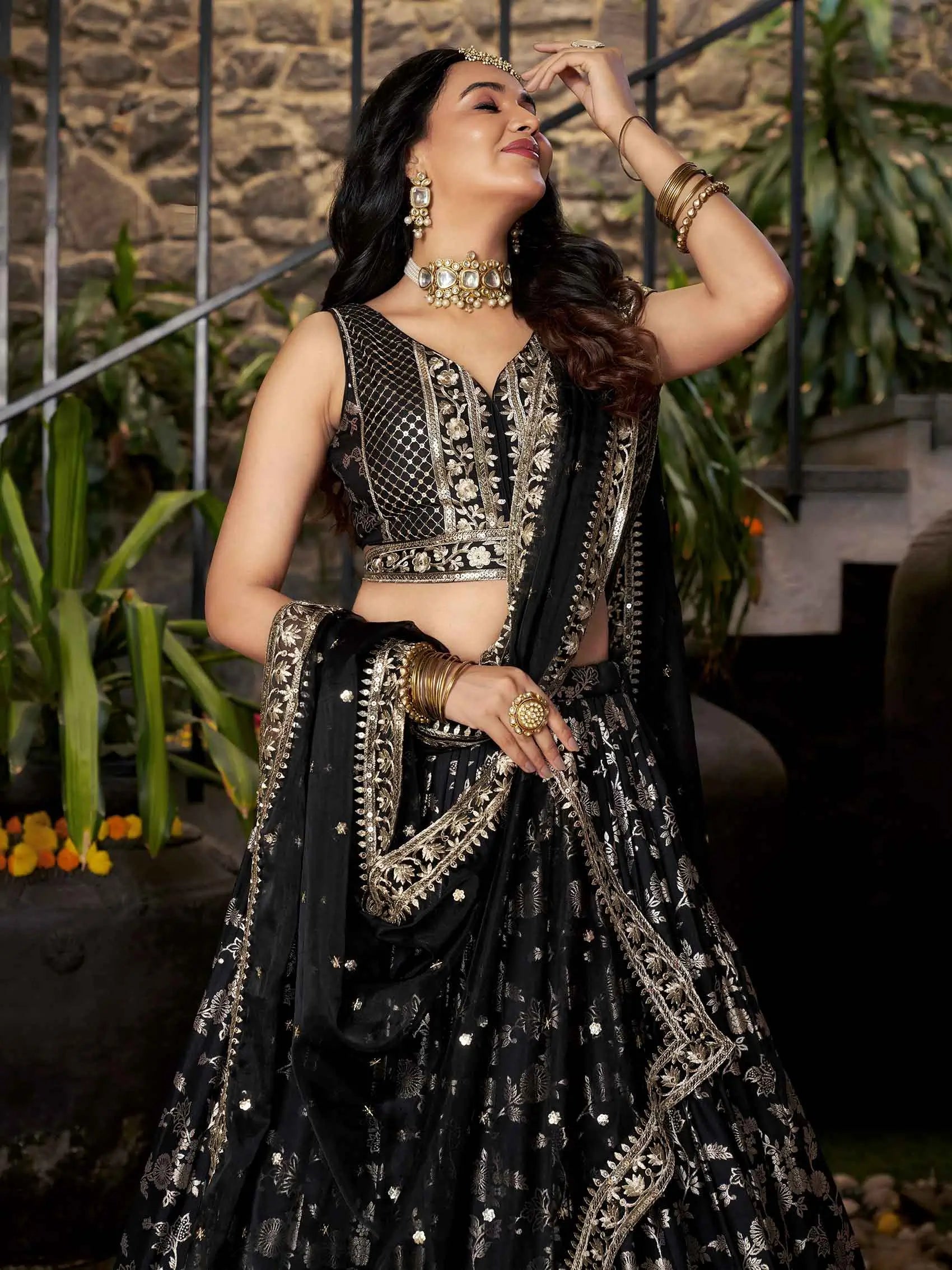Designer Black Jacquard Lehenga With Zari Sequins Embroidery Work - qivii