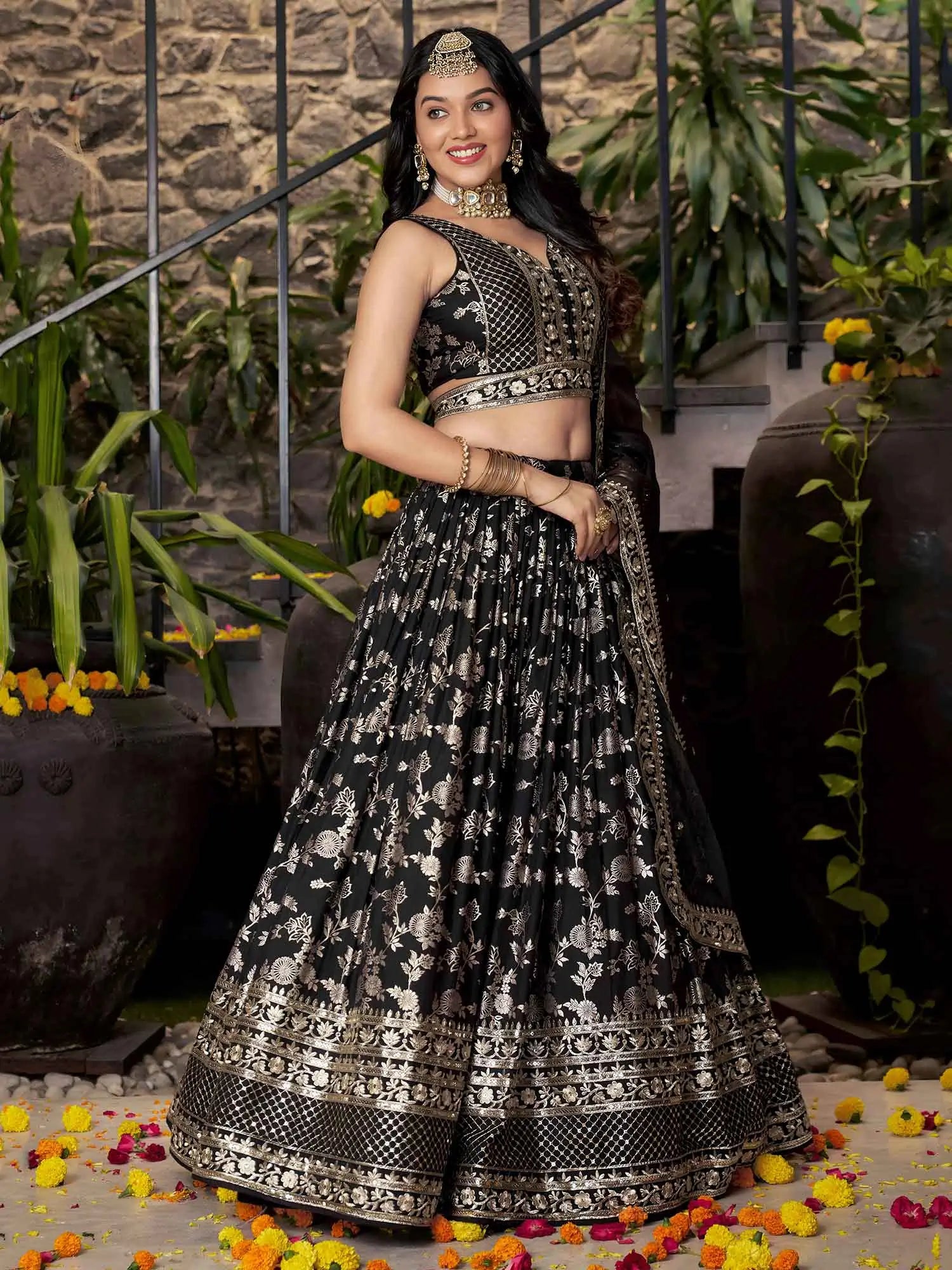 Designer Black Jacquard Lehenga With Zari Sequins Embroidery Work - qivii