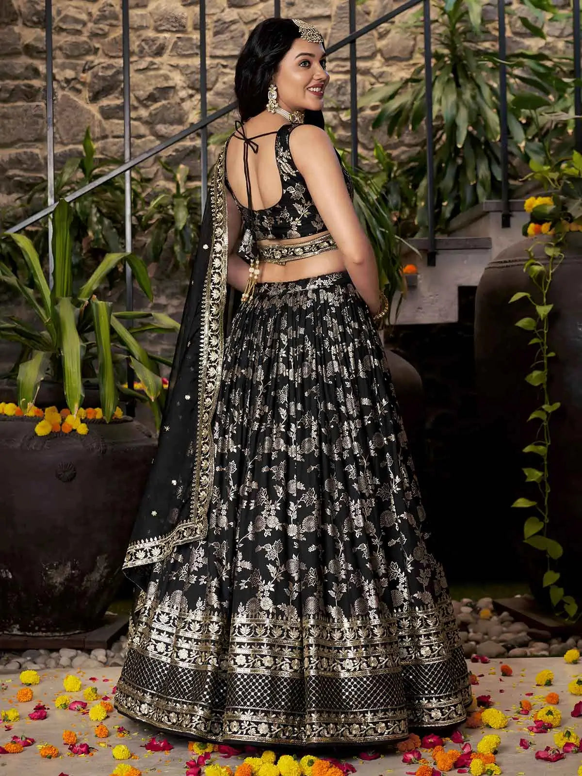 Designer Black Jacquard Lehenga With Zari Sequins Embroidery Work - qivii