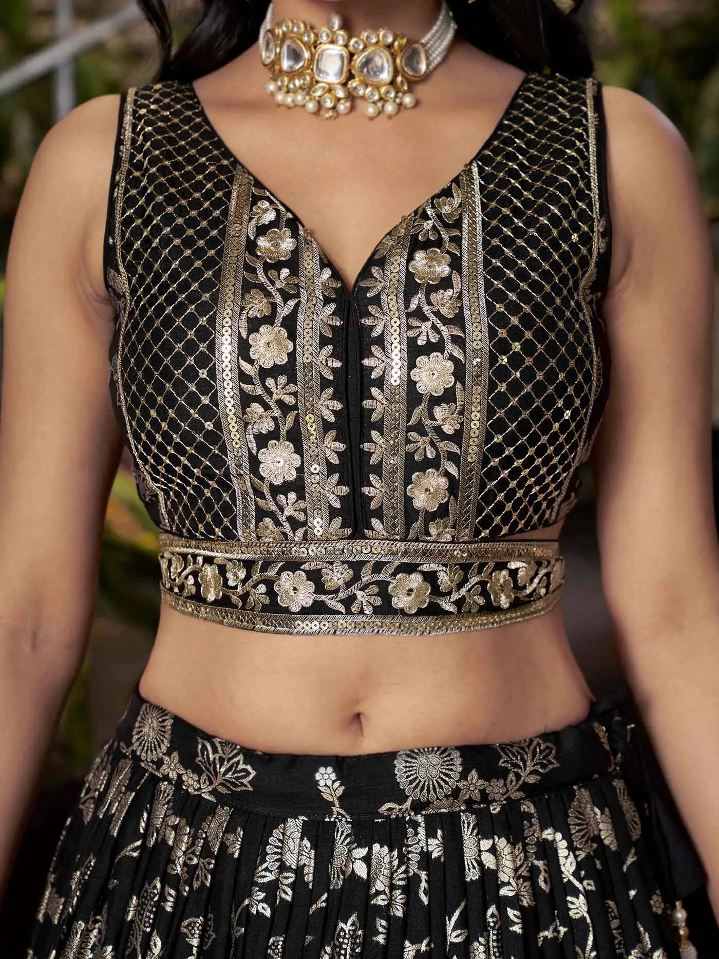 Designer Black Jacquard Lehenga With Zari Sequins Embroidery Work - qivii