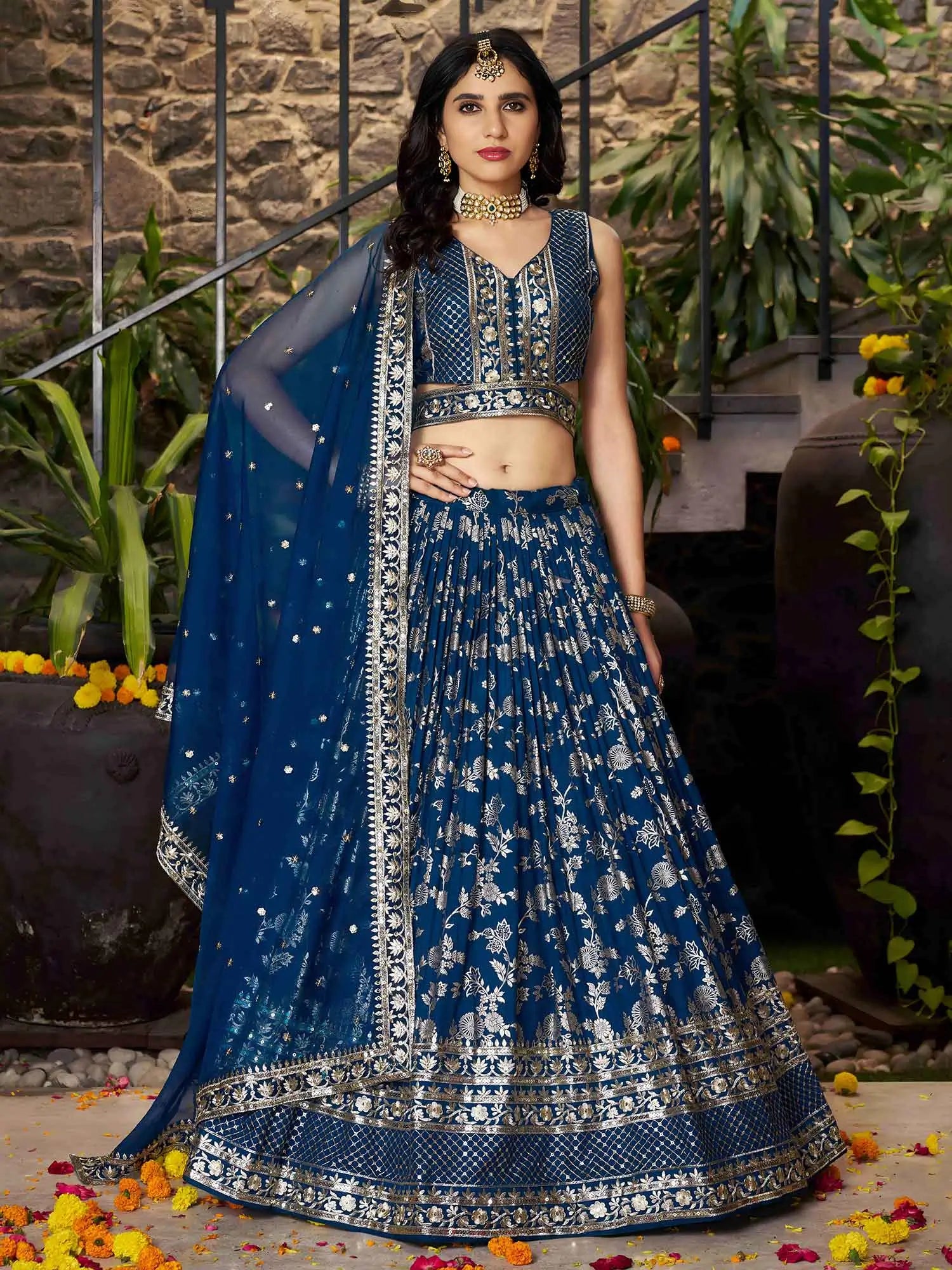 Dove Blue Jacquard Lehenga With Zari Sequins Embroidery Work - qivii