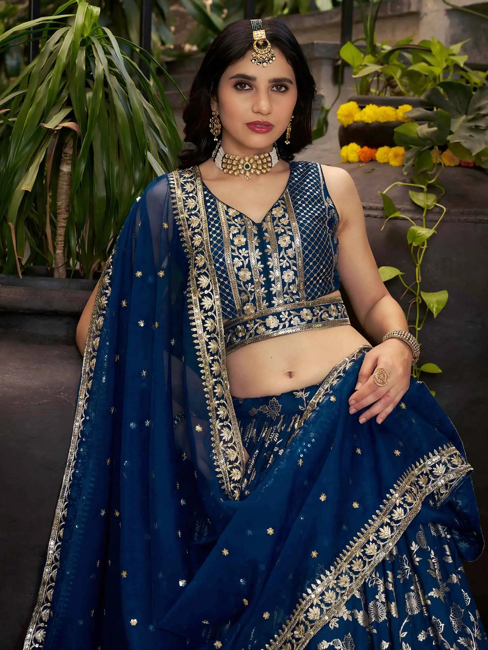 Dove Blue Jacquard Lehenga With Zari Sequins Embroidery Work - qivii
