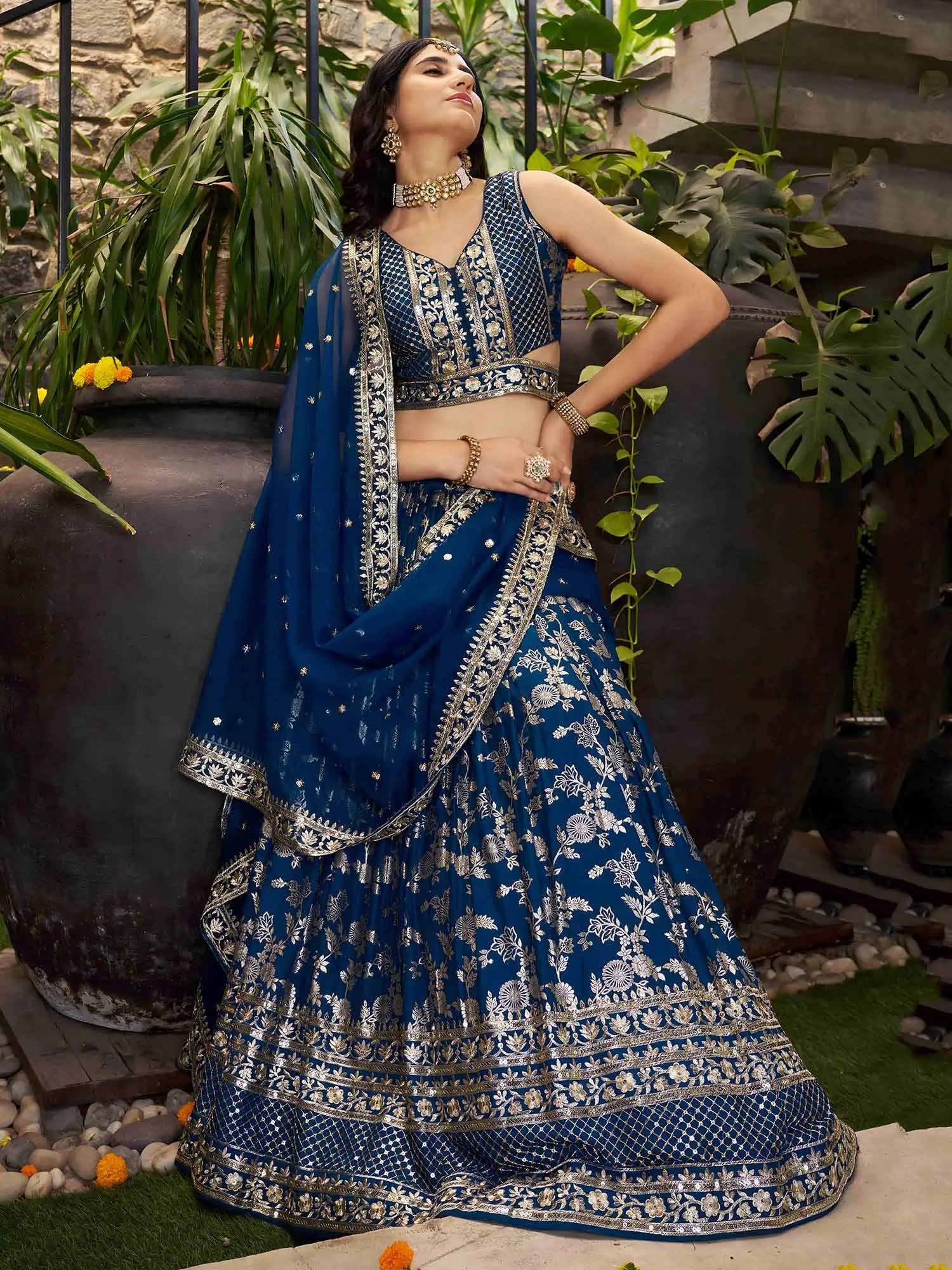 Dove Blue Jacquard Lehenga With Zari Sequins Embroidery Work - qivii