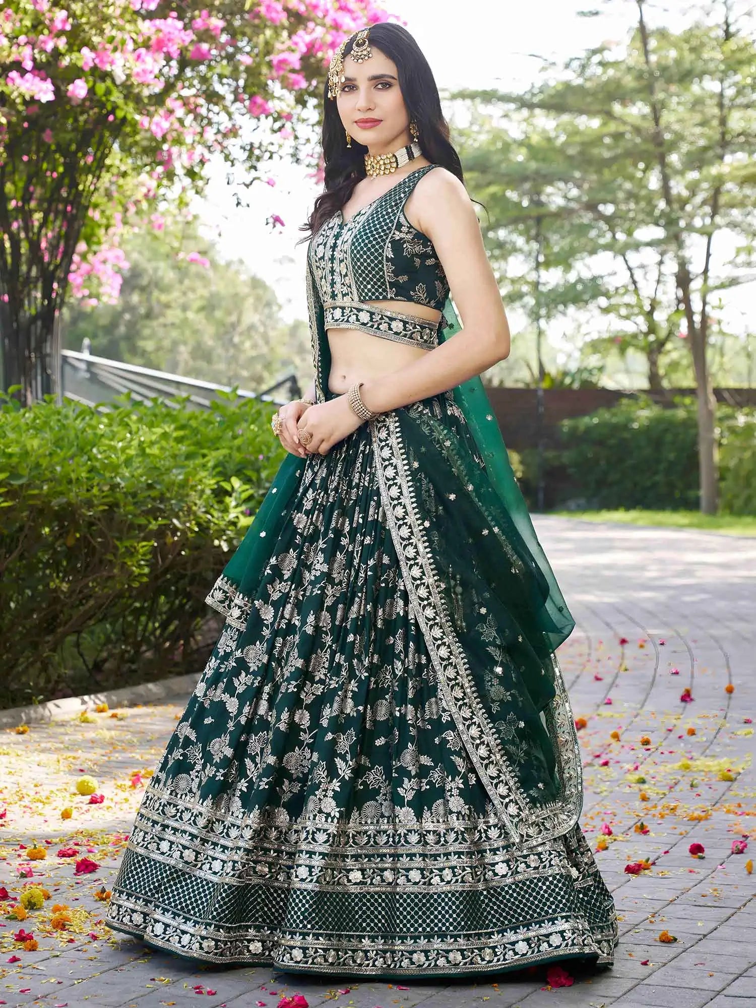Designer Green Jacquard Lehenga With Zari Sequins Embroidery Work - qivii