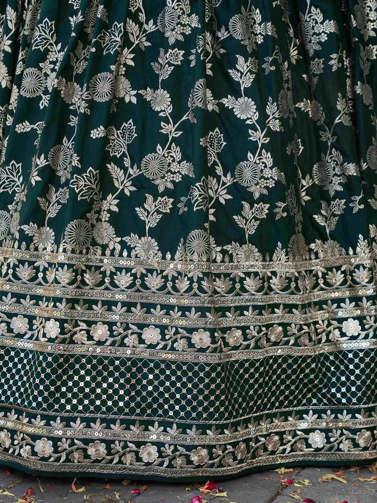Designer Green Jacquard Lehenga With Zari Sequins Embroidery Work - qivii