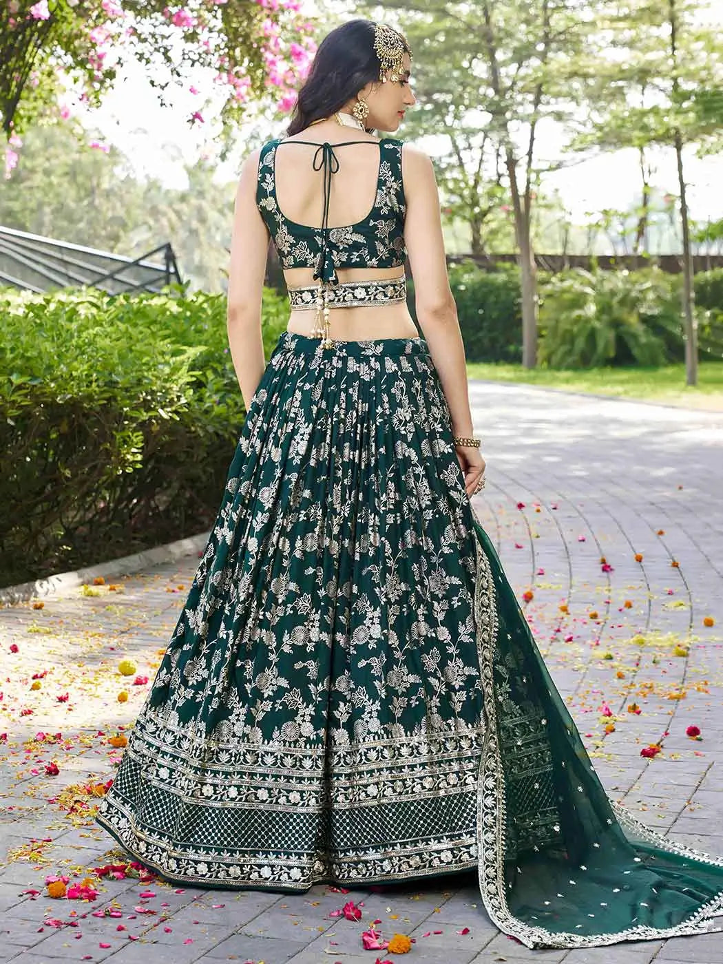 Designer Green Jacquard Lehenga With Zari Sequins Embroidery Work - qivii