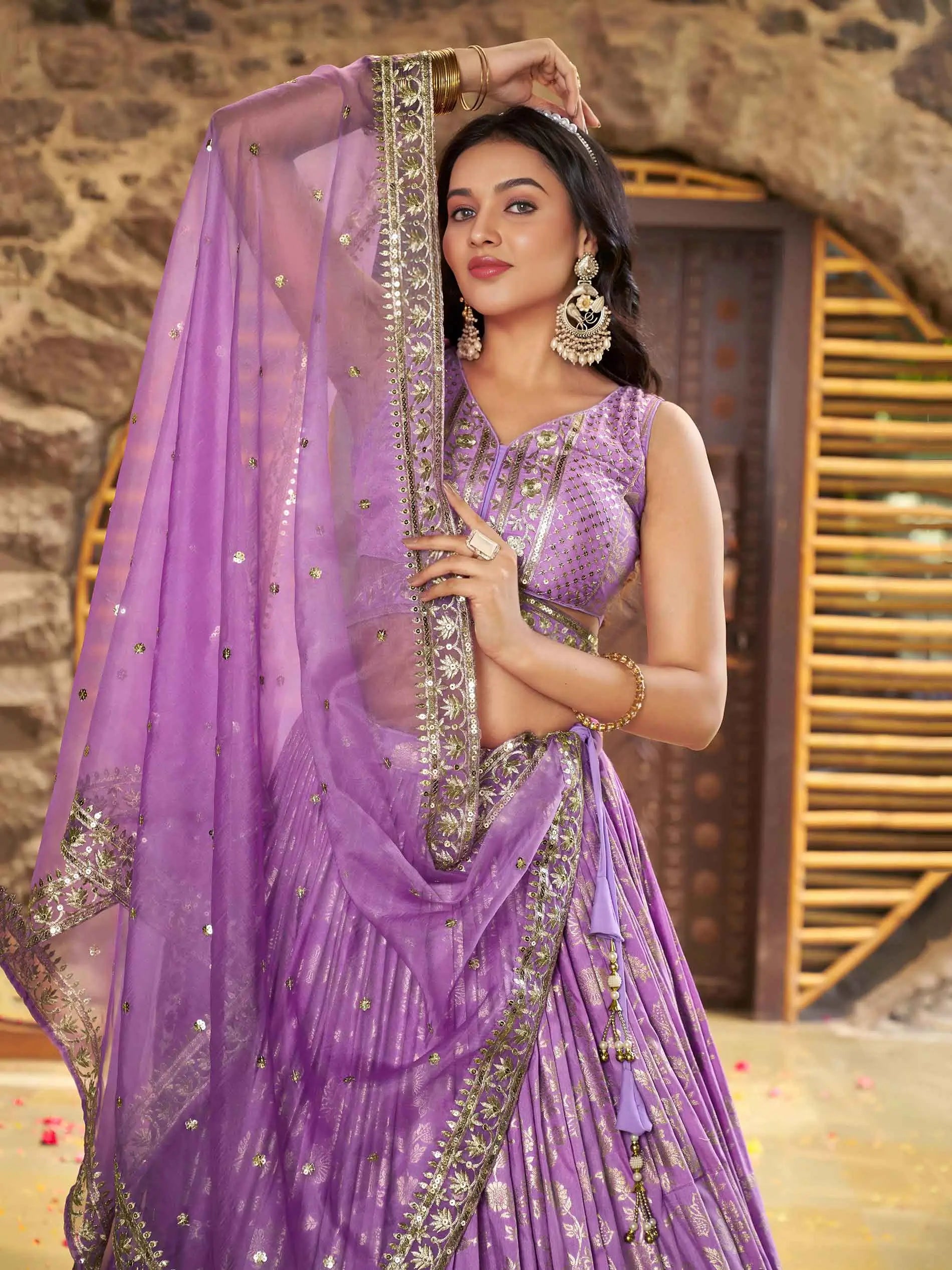 Lavender Jacquard Designer Lehenga With Zari Sequins Embroidery Work - qivii