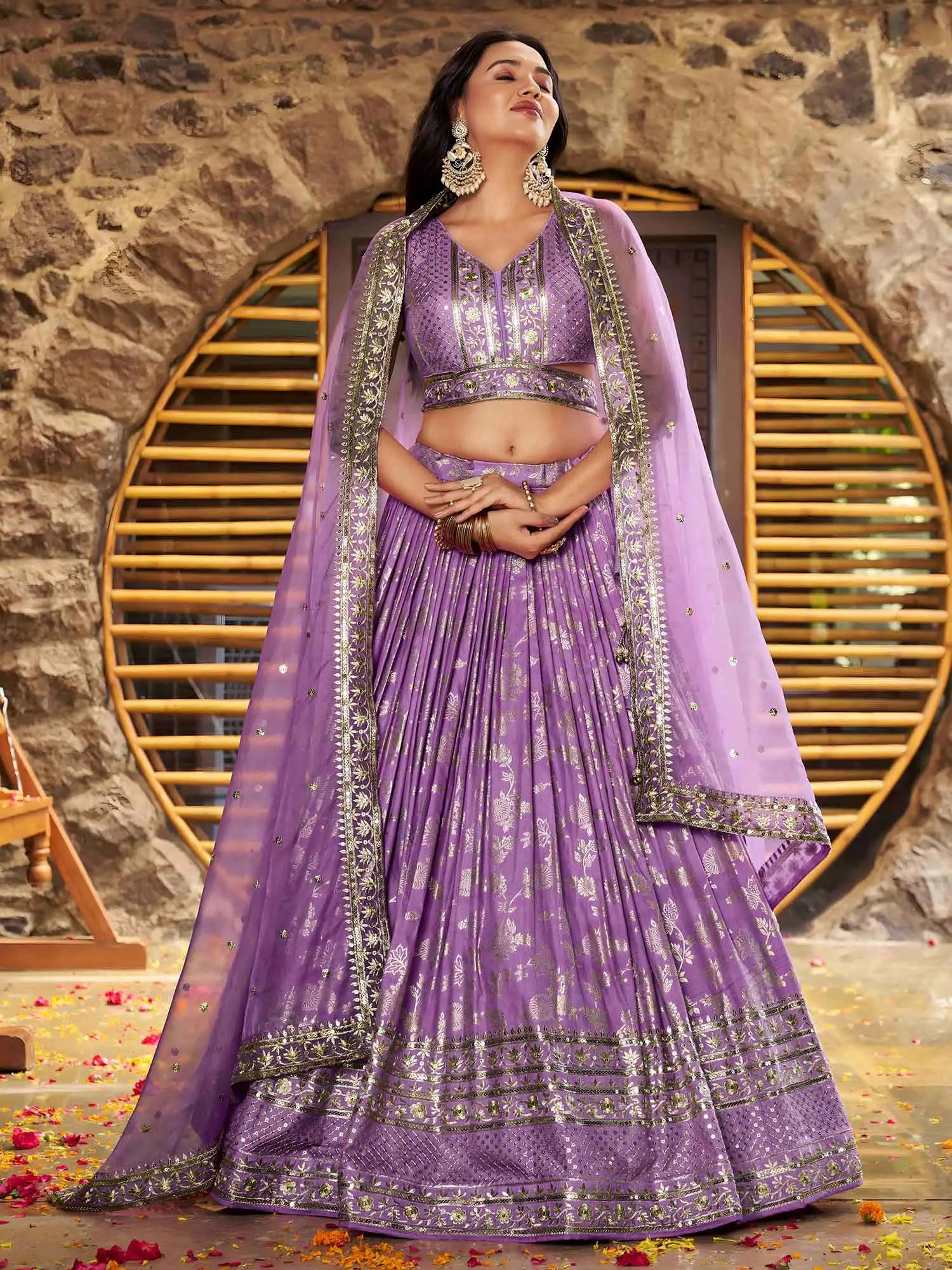 Lavender Jacquard Designer Lehenga With Zari Sequins Embroidery Work - qivii