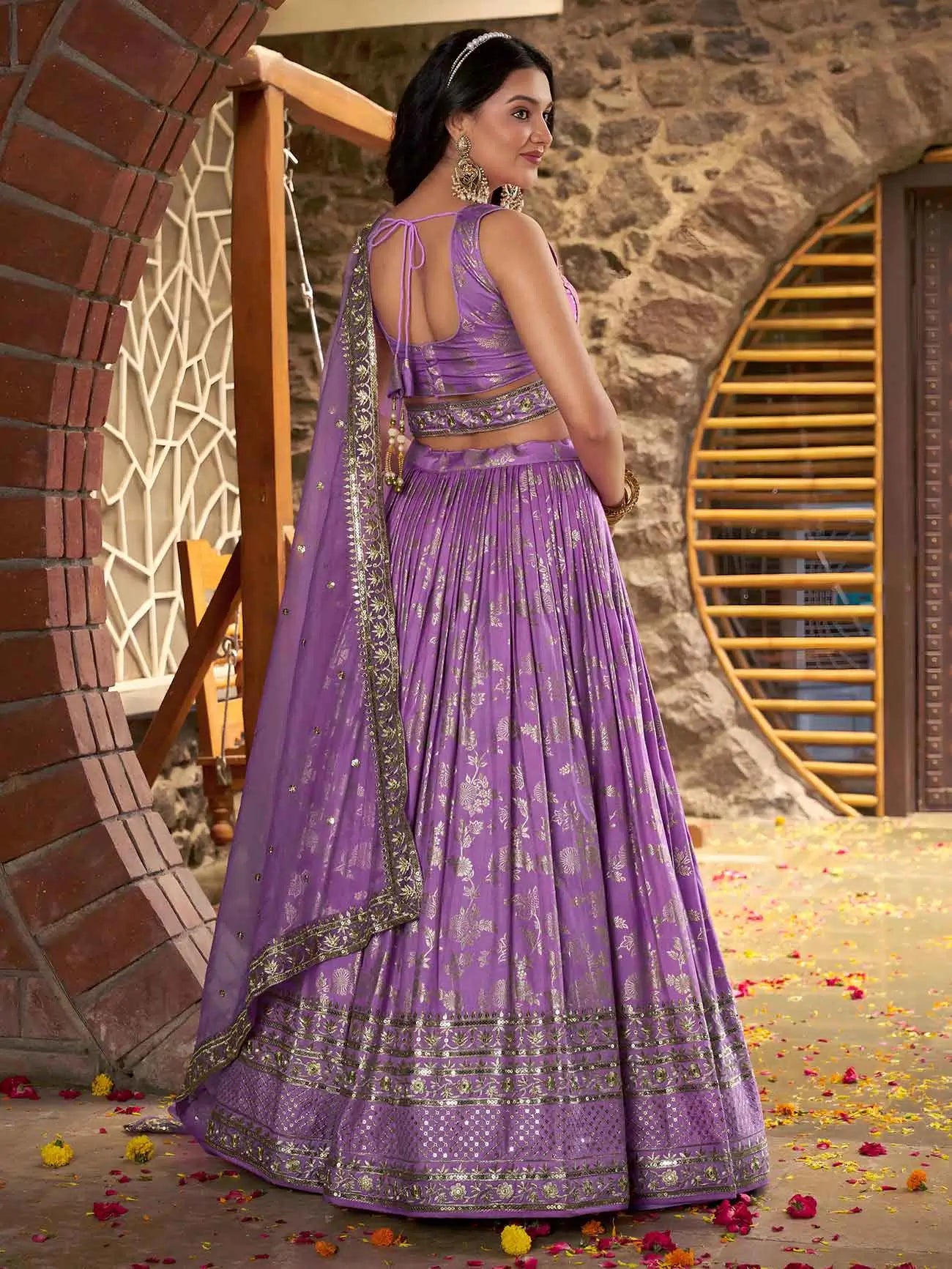 Lavender Jacquard Designer Lehenga With Zari Sequins Embroidery Work - qivii