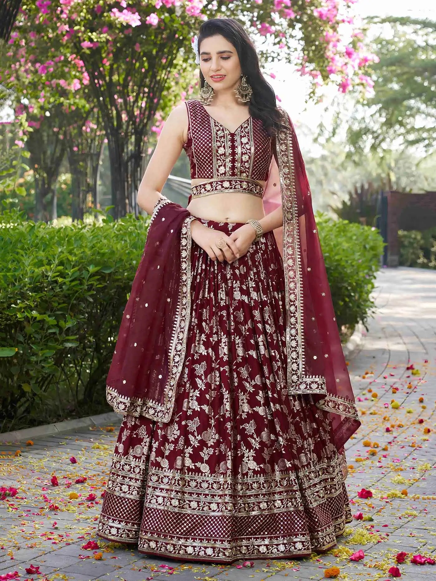 Designer Maroon Jacquard Lehenga With Zari Sequins Embroidery Work - qivii