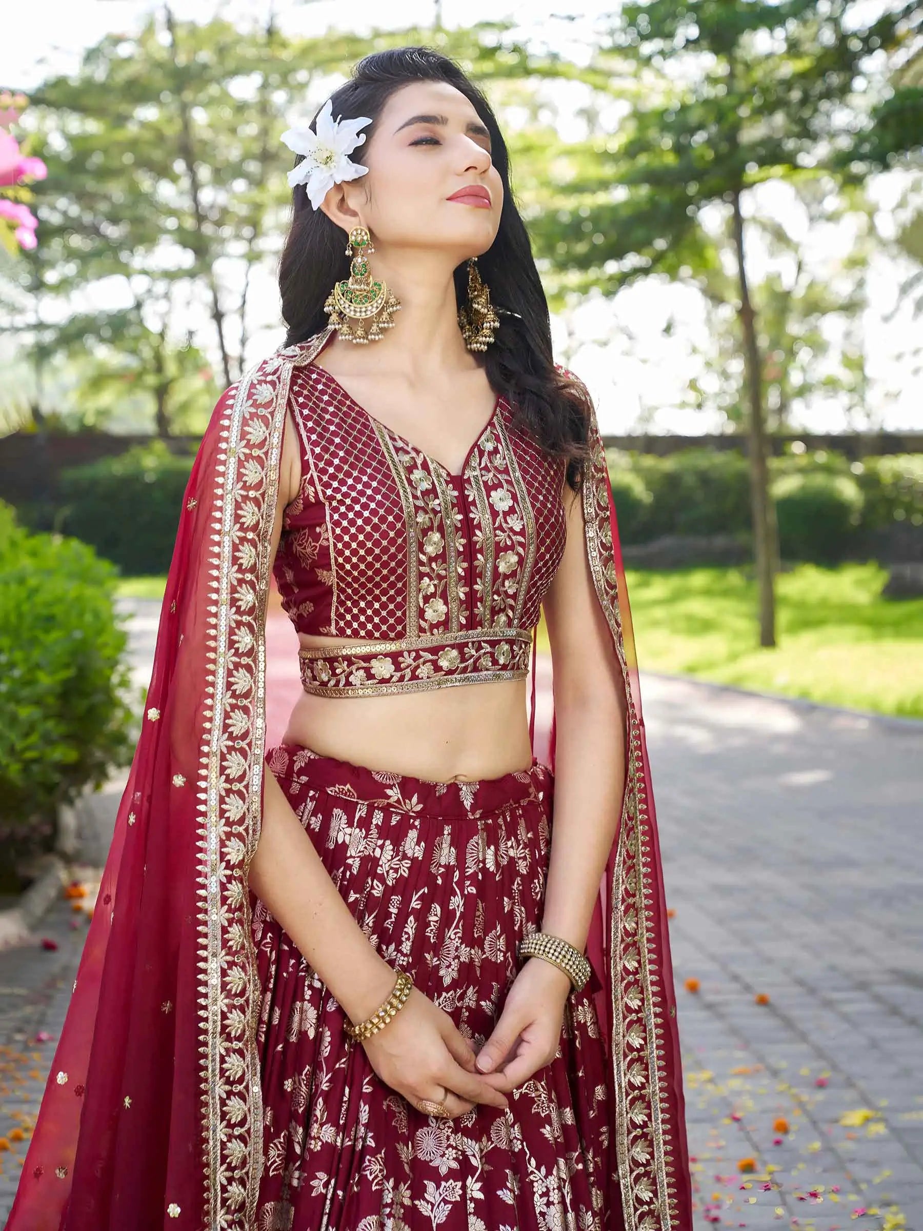 Designer Maroon Jacquard Lehenga With Zari Sequins Embroidery Work - qivii