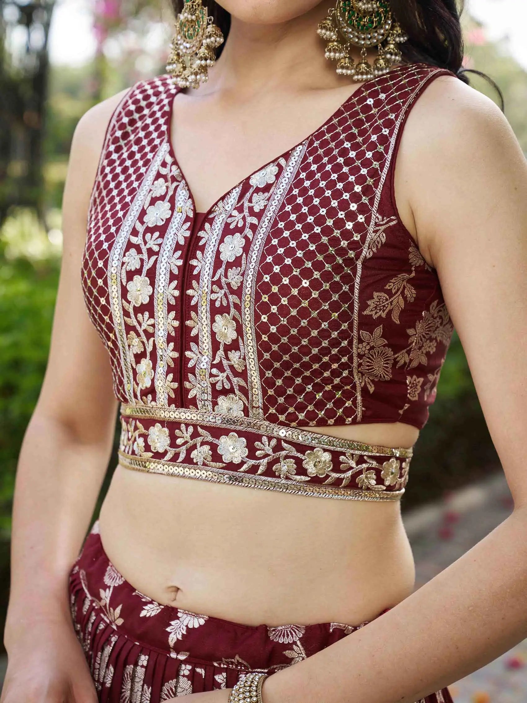 Designer Maroon Jacquard Lehenga With Zari Sequins Embroidery Work - qivii