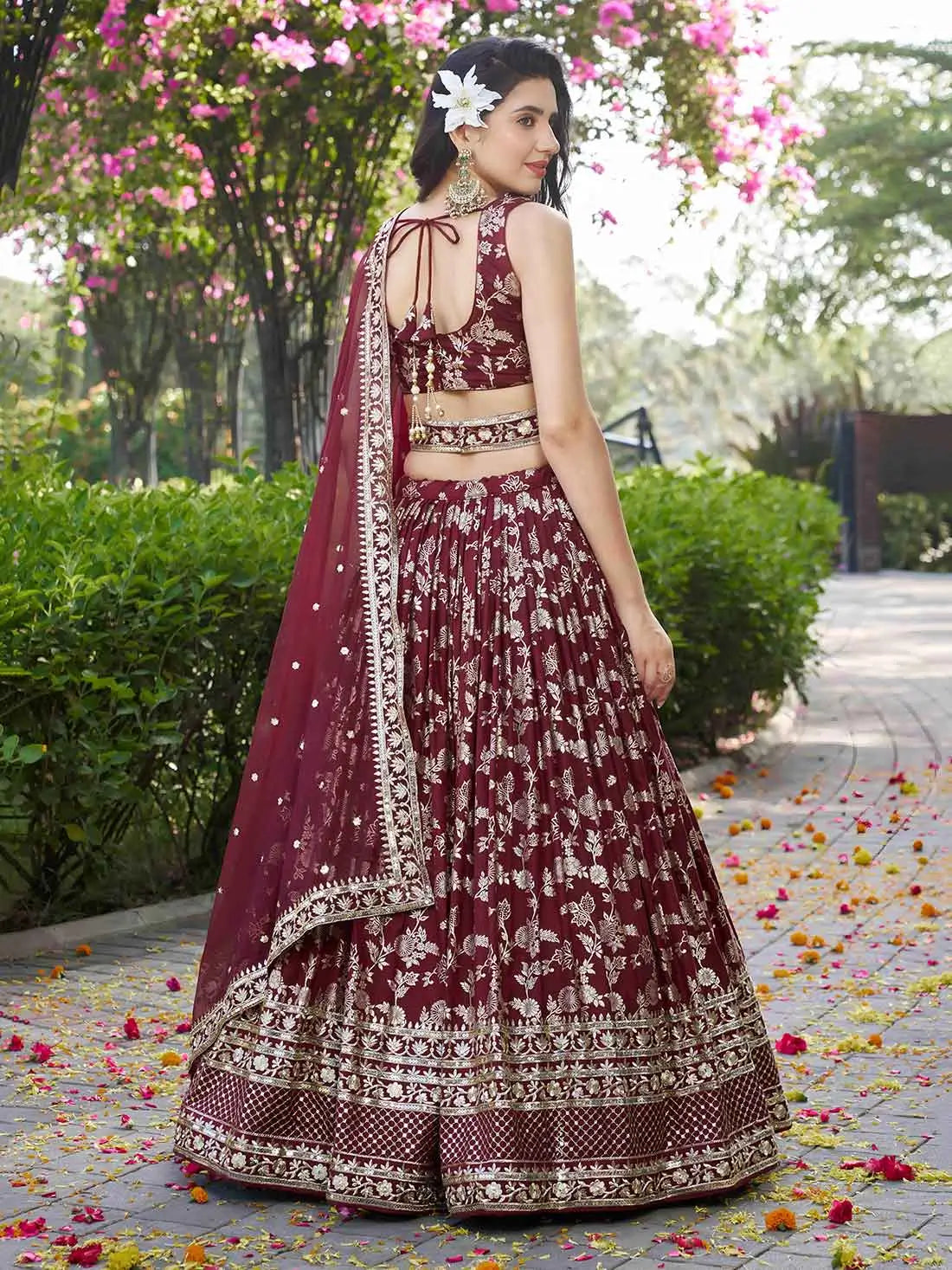Designer Maroon Jacquard Lehenga With Zari Sequins Embroidery Work - qivii
