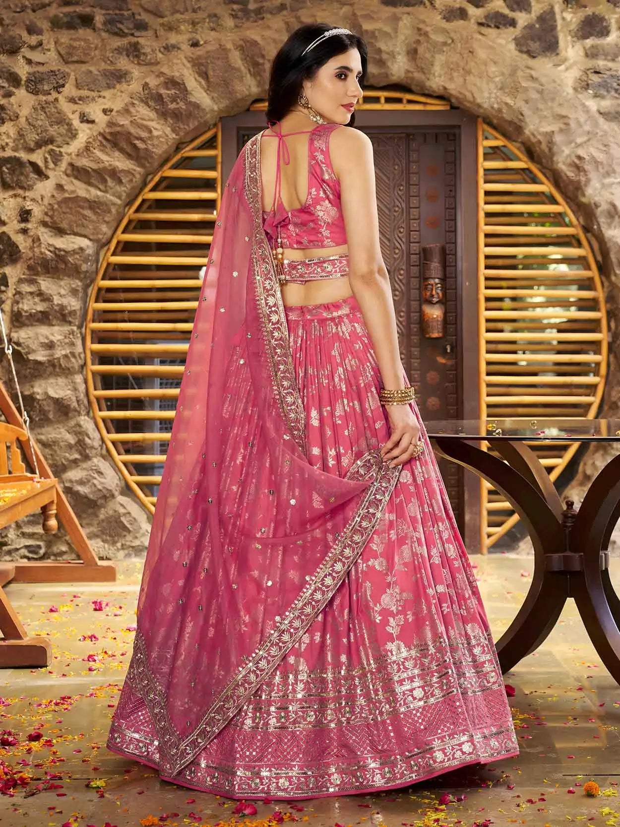 Designer Peach Jacquard Lehenga With Zari Sequins Embroidery Work - qivii