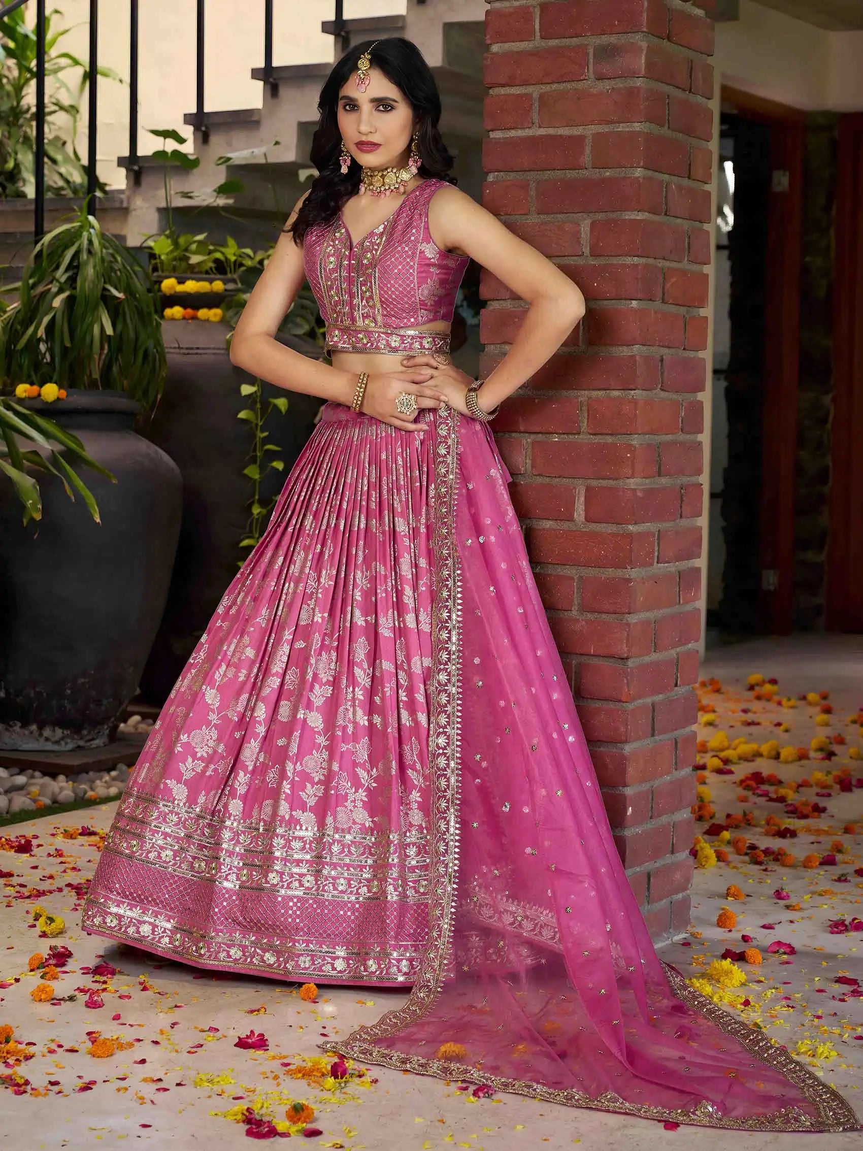 Designer Pink Jacquard Lehenga With Zari Sequins Embroidery Work - qivii