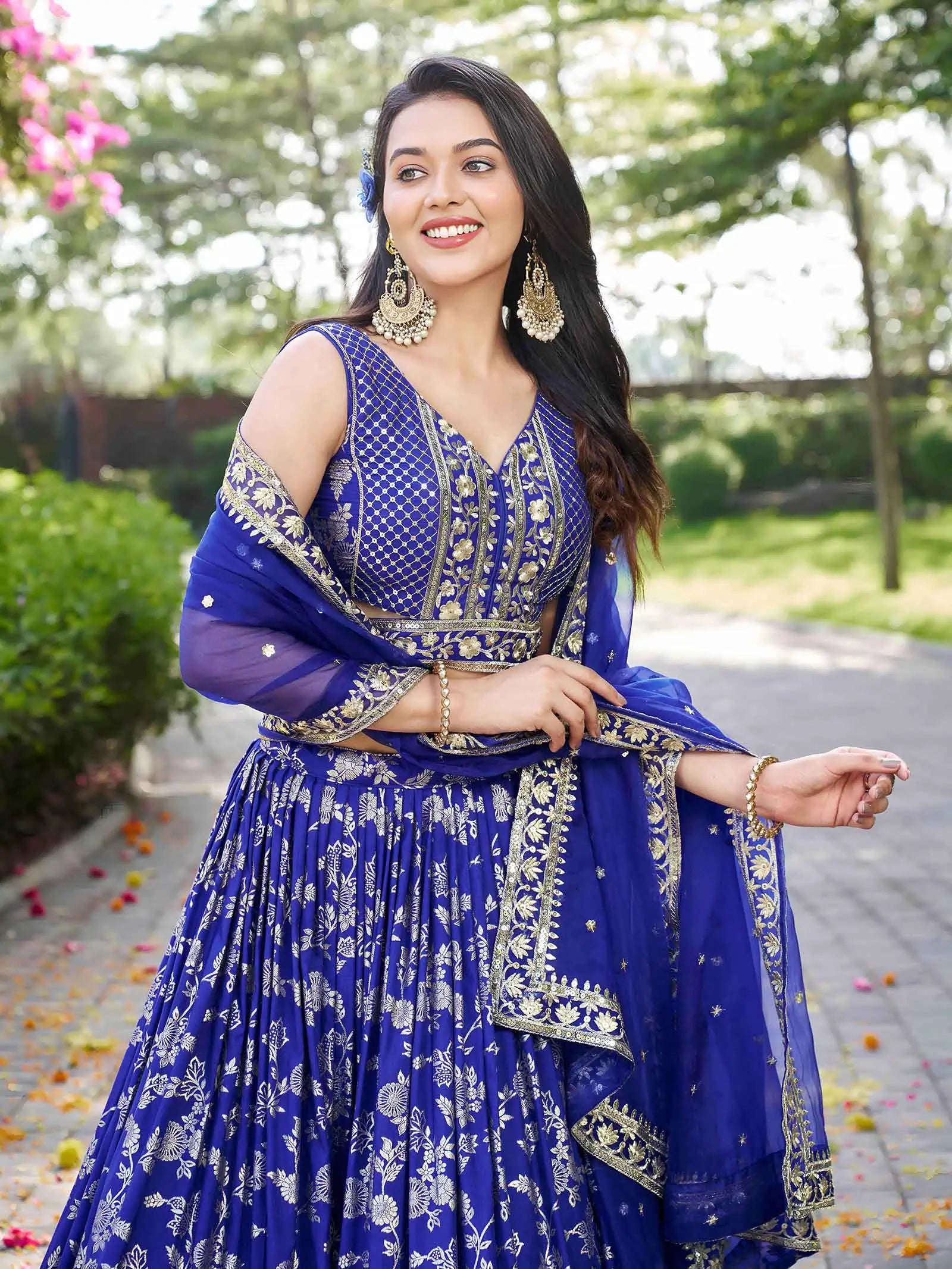 Royal Blue Jacquard Lehenga With Zari Sequins Embroidery Work - qivii