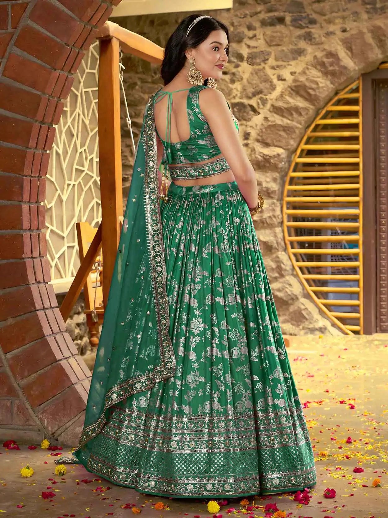 Teal Green Jacquard Lehenga With Zari Sequins Embroidery Work - qivii