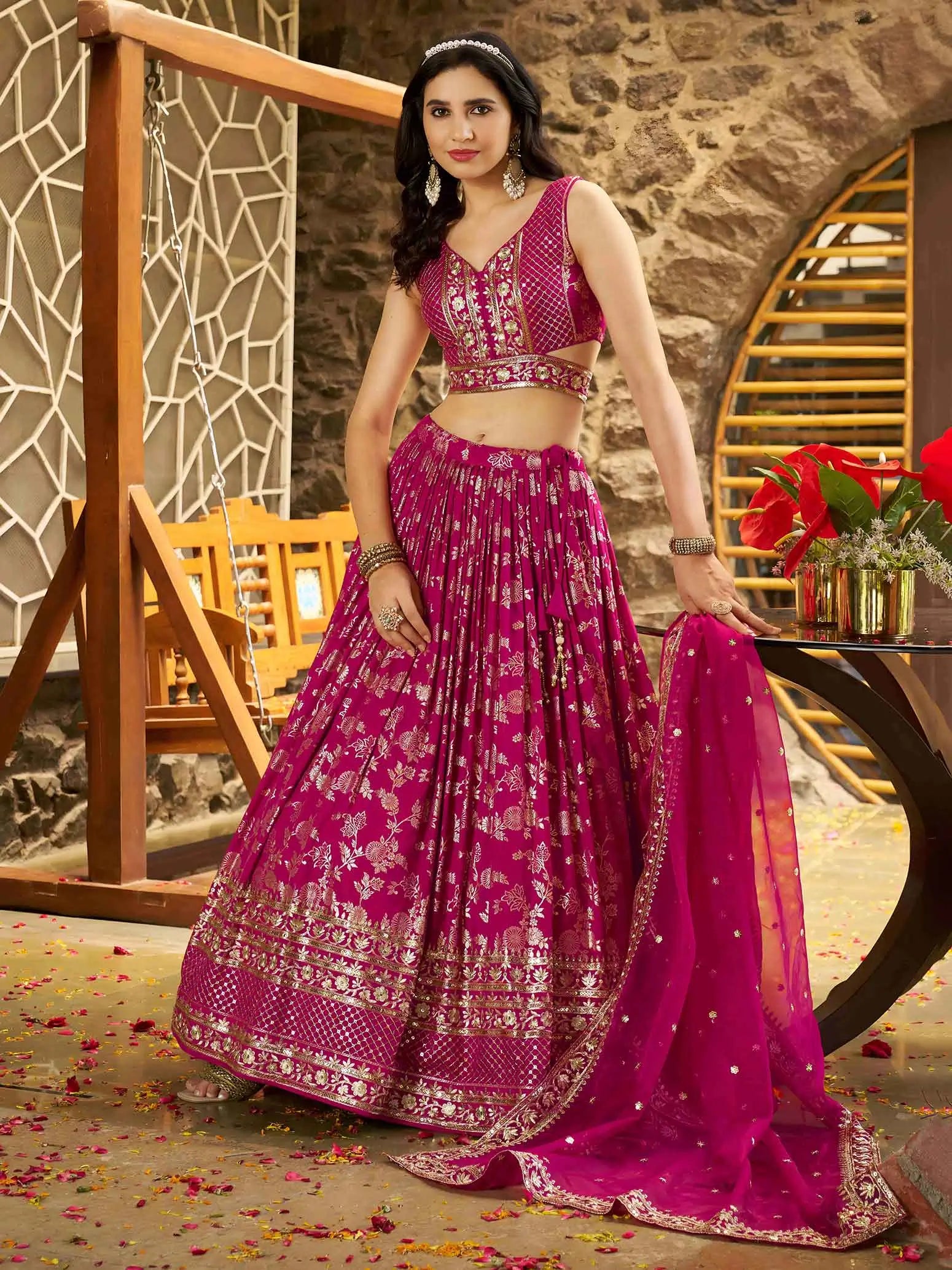 Rani Pink Jacquard Lehenga With Zari Sequins Embroidery Work - qivii
