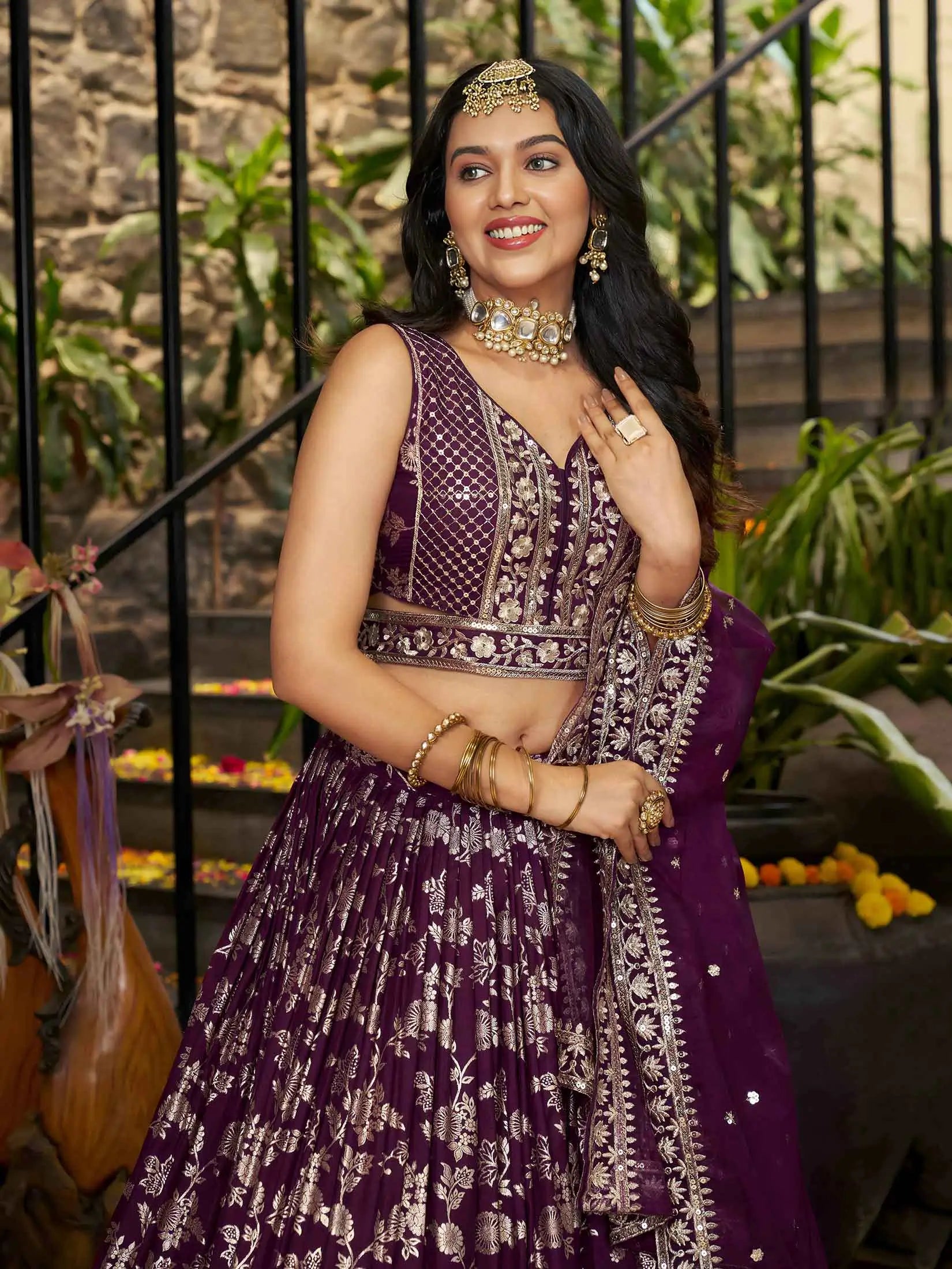 Designer Wine Jacquard Lehenga With Zari Sequins Embroidery Work - qivii