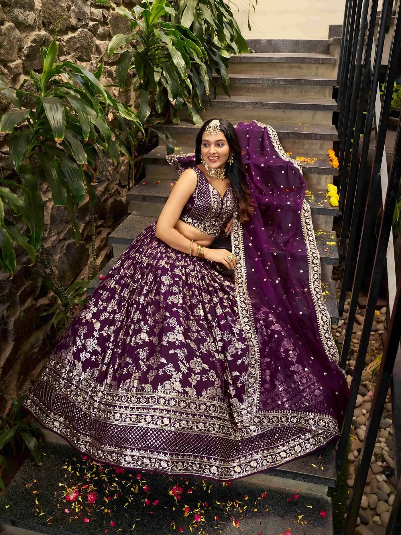Designer Wine Jacquard Lehenga With Zari Sequins Embroidery Work - qivii