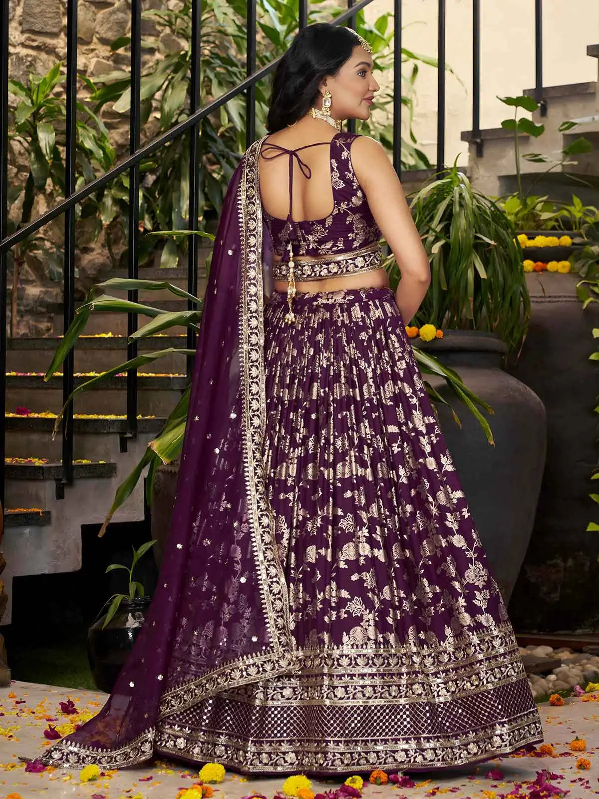 Designer Wine Jacquard Lehenga With Zari Sequins Embroidery Work - qivii