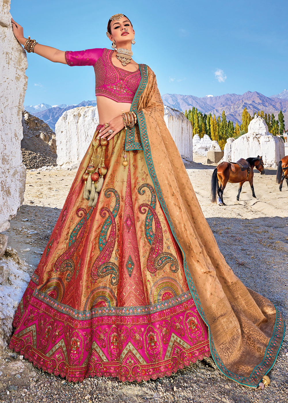Pink & Brown Banarasi Jacquard Silk Lehengas with Cut Work & Hand Work Embroidery | Ready To Wear - qivii