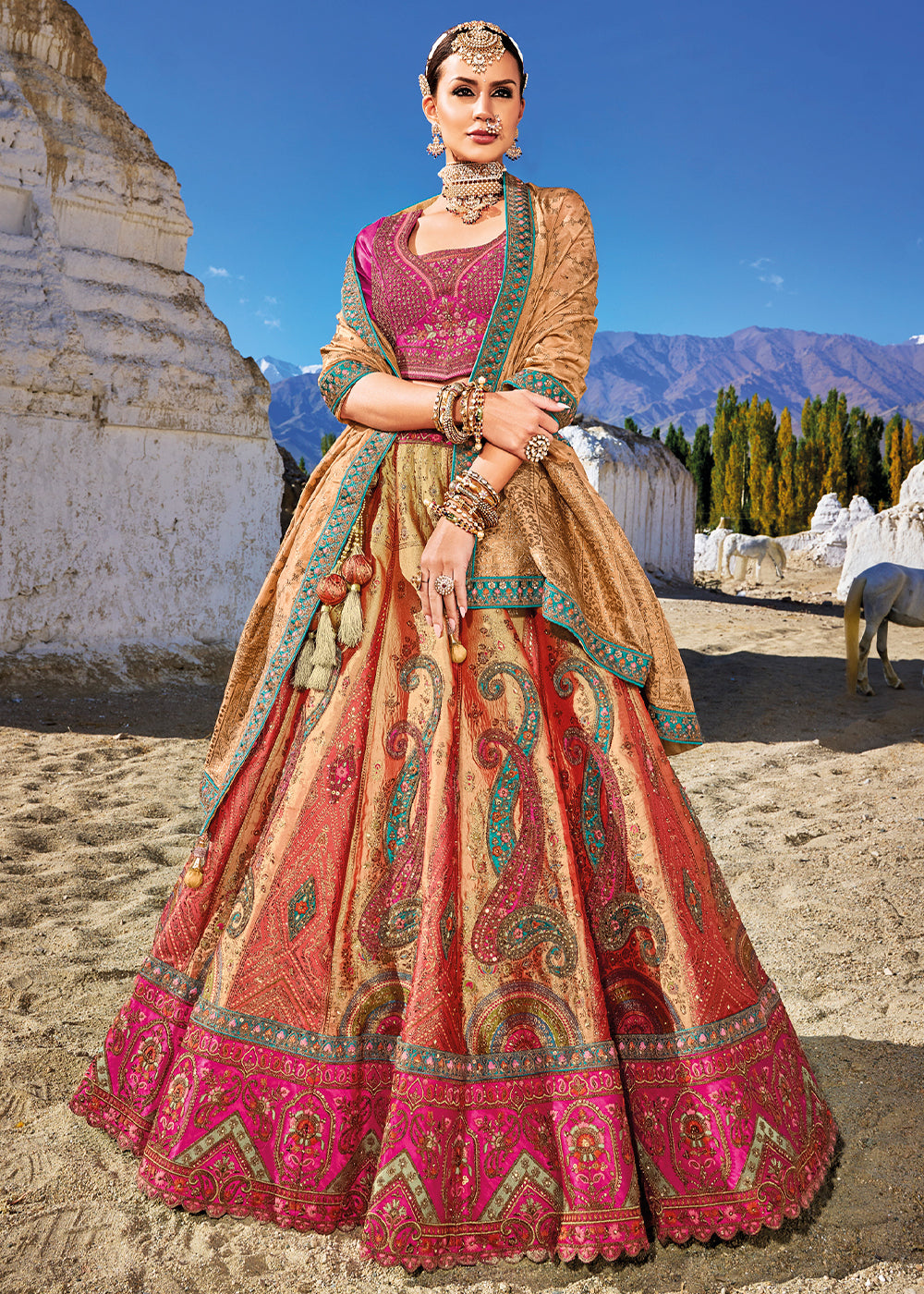 Pink & Brown Banarasi Jacquard Silk Lehengas with Cut Work & Hand Work Embroidery | Ready To Wear - qivii