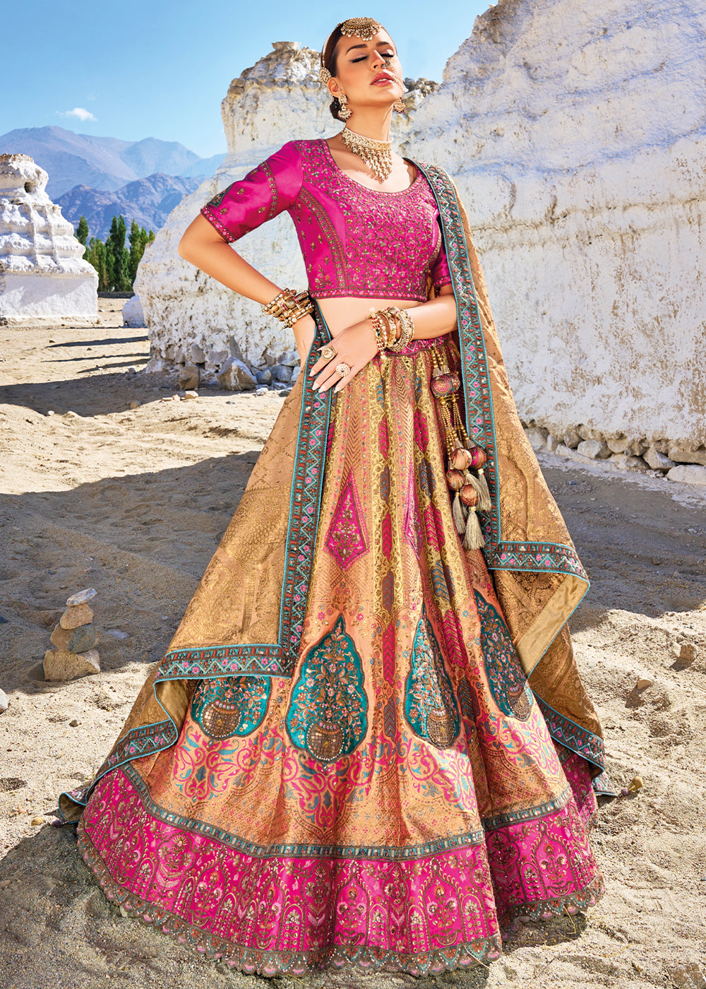 Multi Colored Banarasi Jacquard Silk Lehengas with Cut Work & Hand Work Embroidery | Ready To Wear - qivii