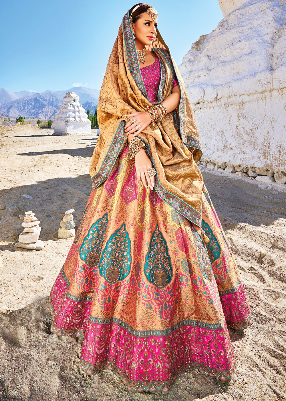 Multi Colored Banarasi Jacquard Silk Lehengas with Cut Work & Hand Work Embroidery | Ready To Wear - qivii