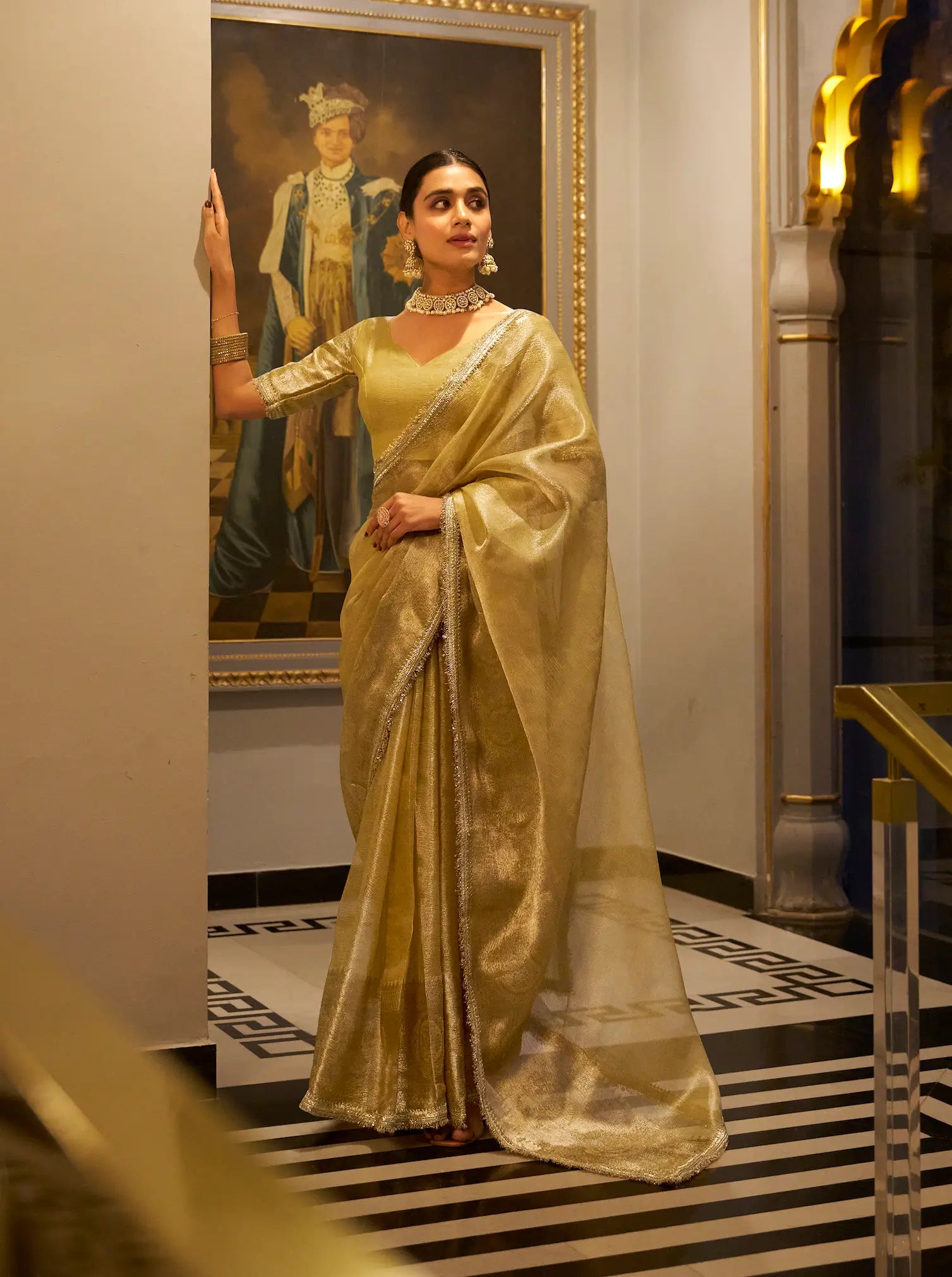 Golden Shimmer Tissue Saree With Zari Weaving Work & Sequins Lace Border - qivii