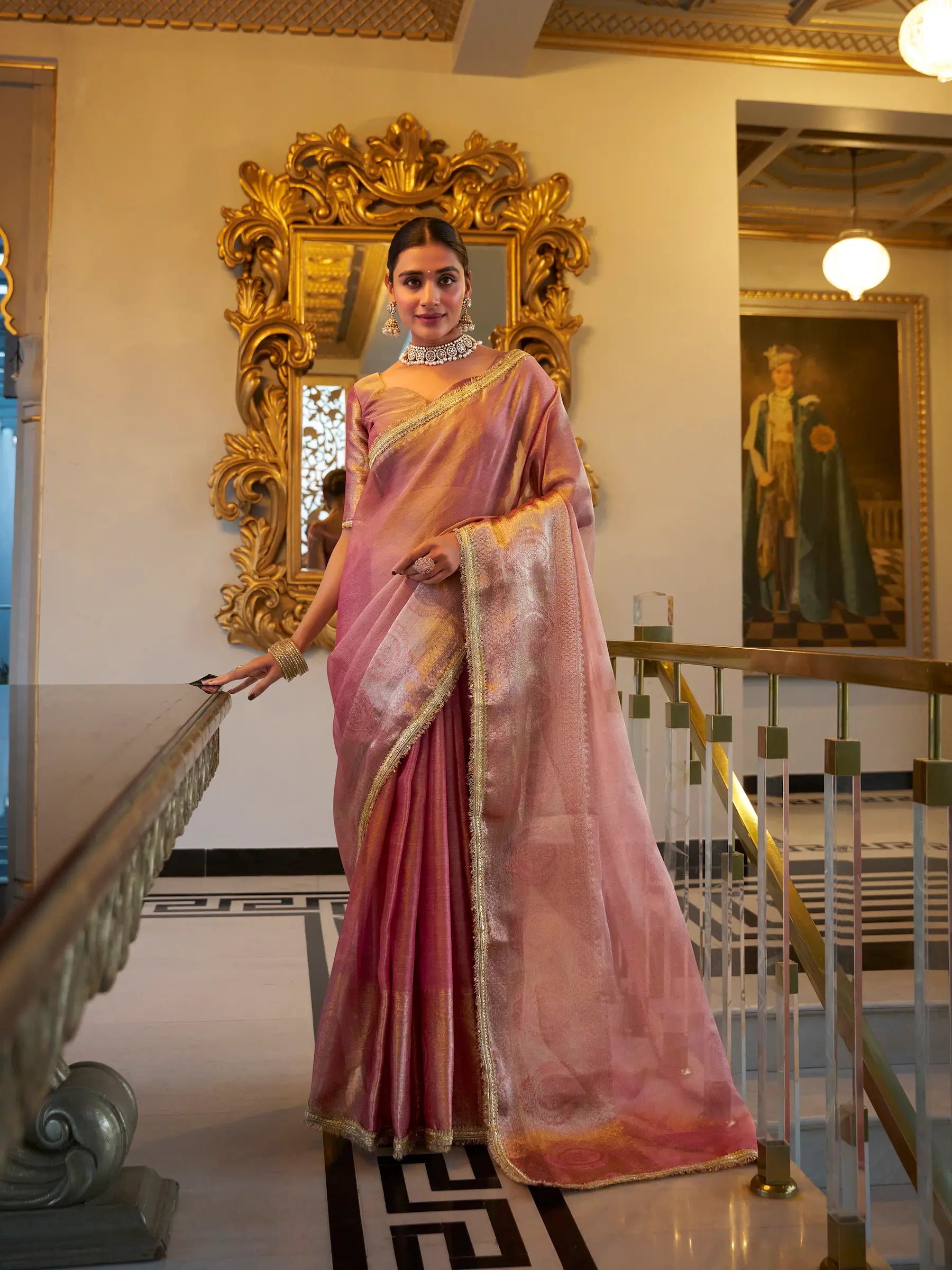 Light Pink Shimmer Tissue Saree With Zari Weaving Work & Sequins Lace Border - qivii