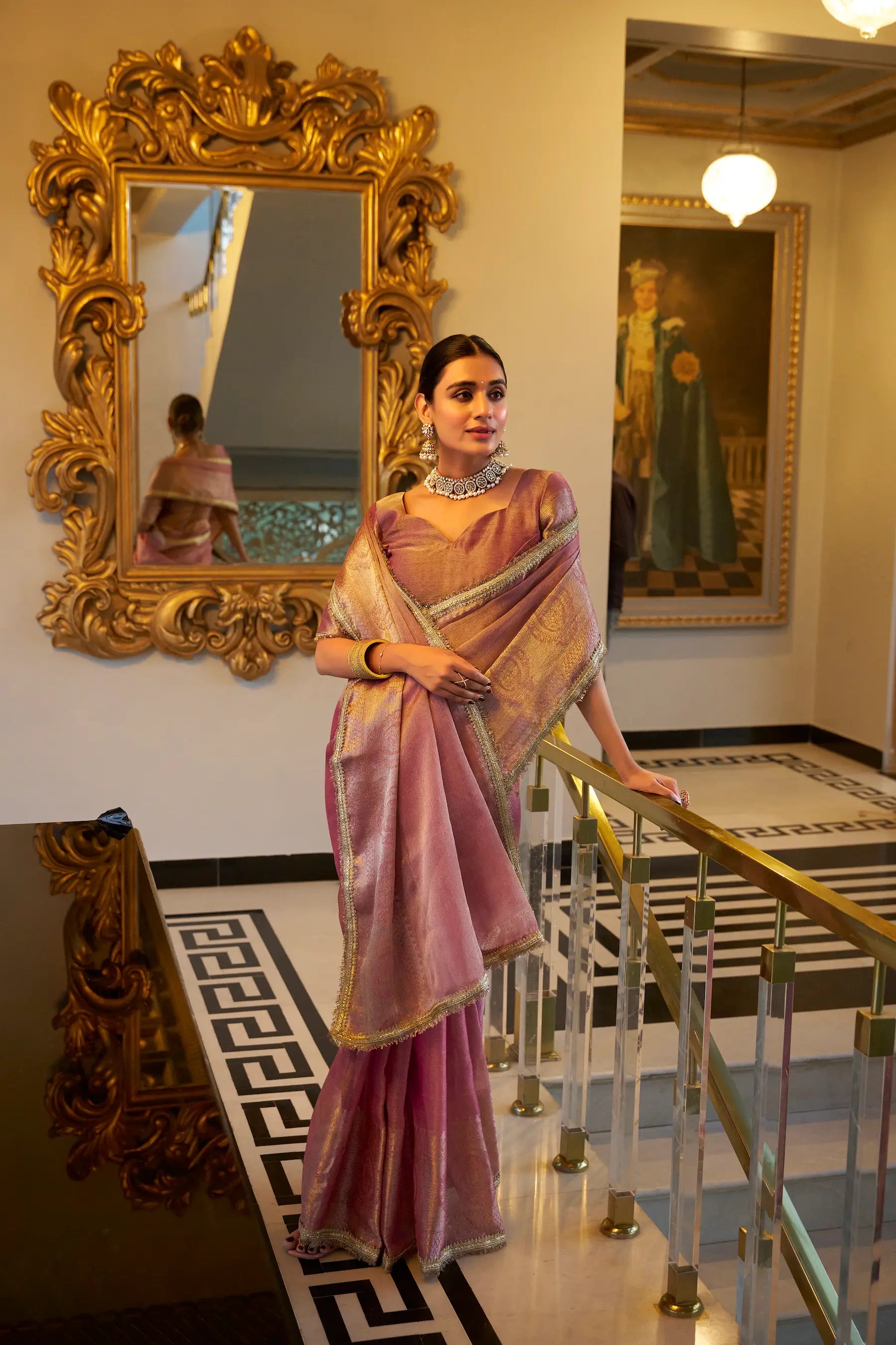 Light Pink Shimmer Tissue Saree With Zari Weaving Work & Sequins Lace Border