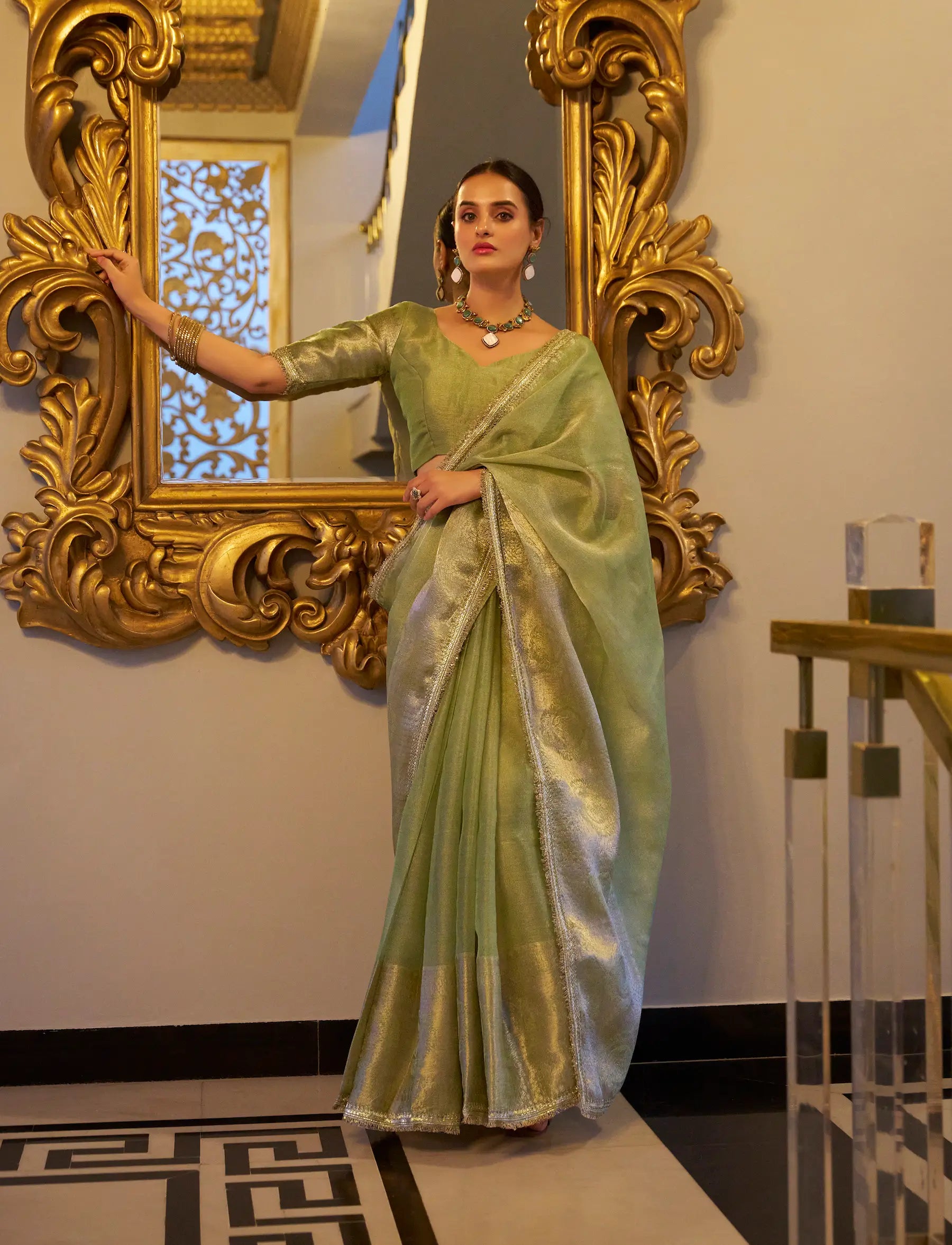 Pista Green Shimmer Tissue Saree With Zari Weaving Work & Sequins Lace Border - qivii