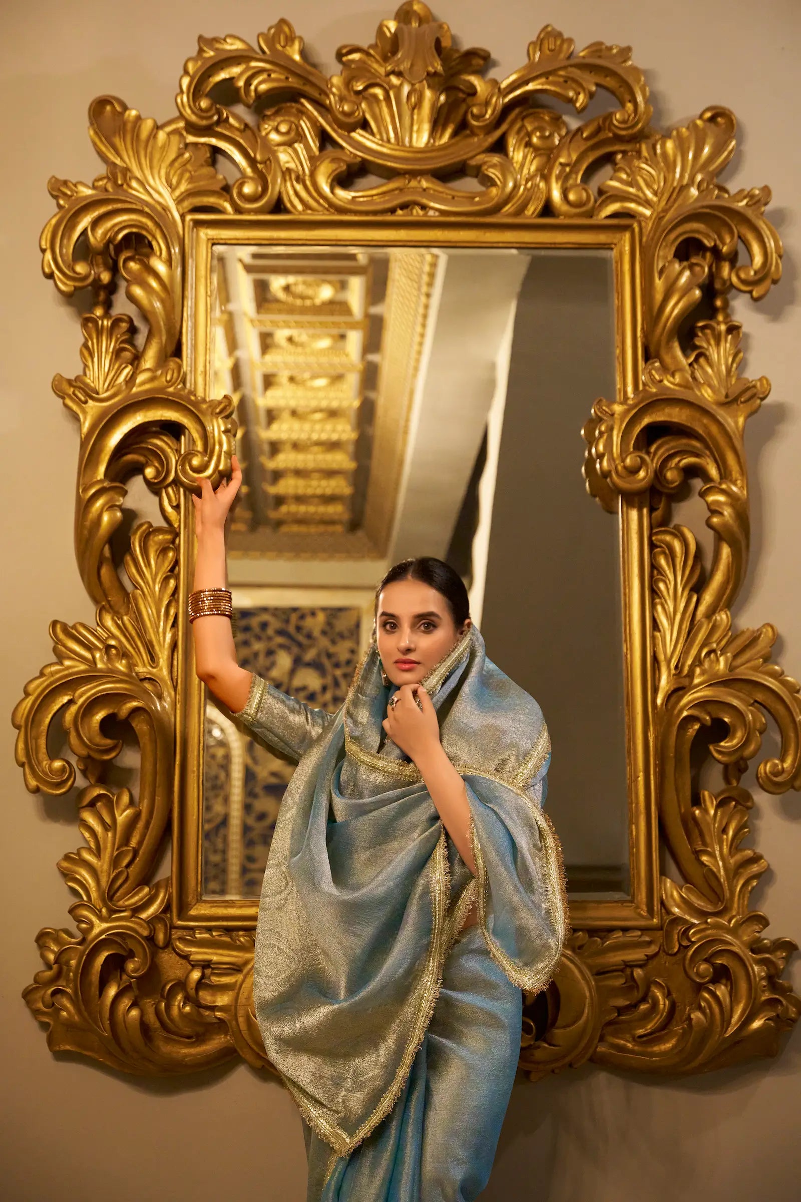 Sea Blue Shimmer Tissue Saree With Zari Weaving Work & Sequins Lace Border - qivii