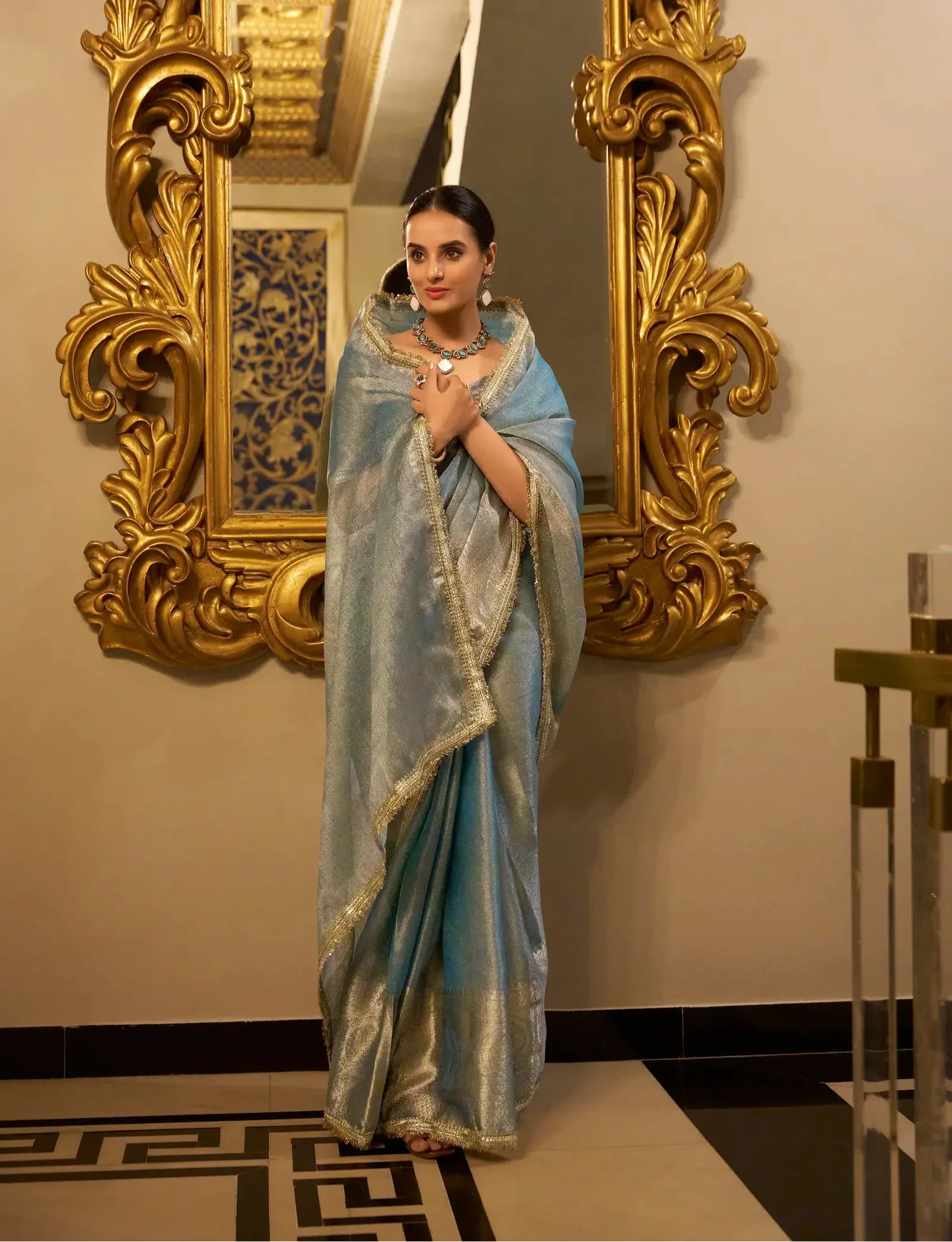 Sea Blue Shimmer Tissue Saree With Zari Weaving Work & Sequins Lace Border - qivii