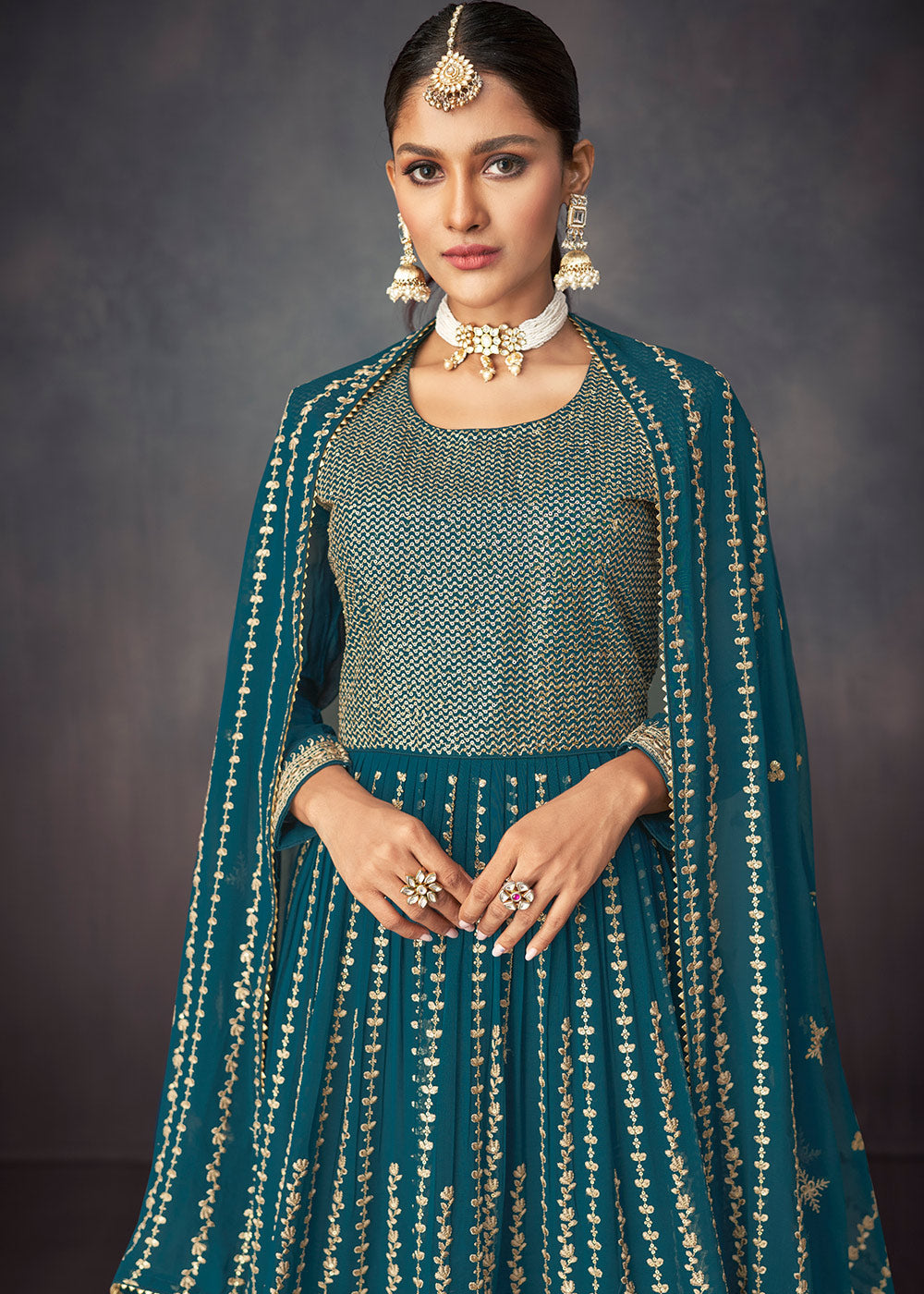 Prussian Blue Embroidered Georgette Plazzo Suit - qivii