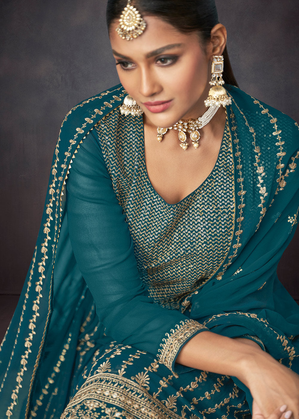 Prussian Blue Embroidered Georgette Plazzo Suit - qivii