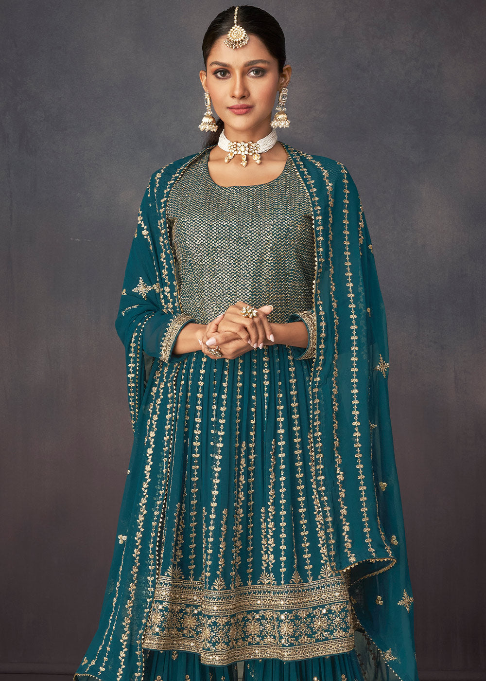 Prussian Blue Embroidered Georgette Plazzo Suit - qivii