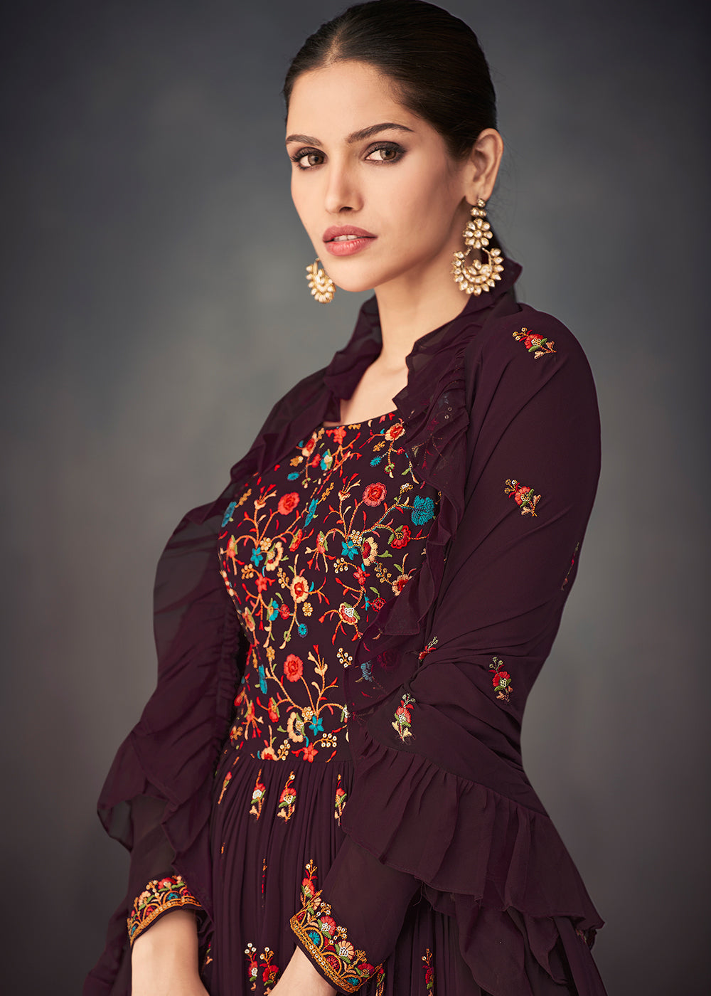 Purple & Pink Georgette Embroidered Lehenga Suit - qivii