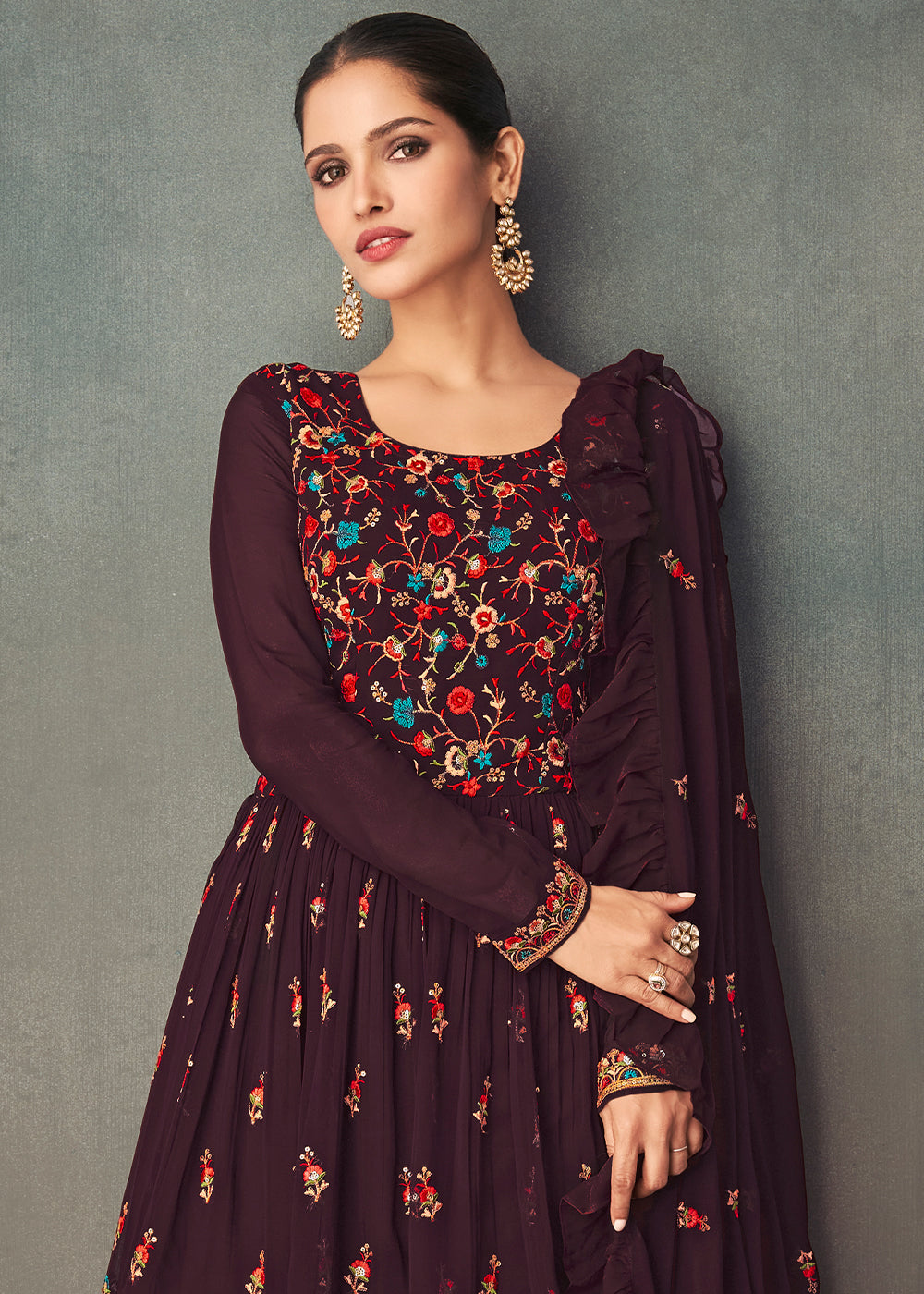 Purple & Pink Georgette Embroidered Lehenga Suit - qivii