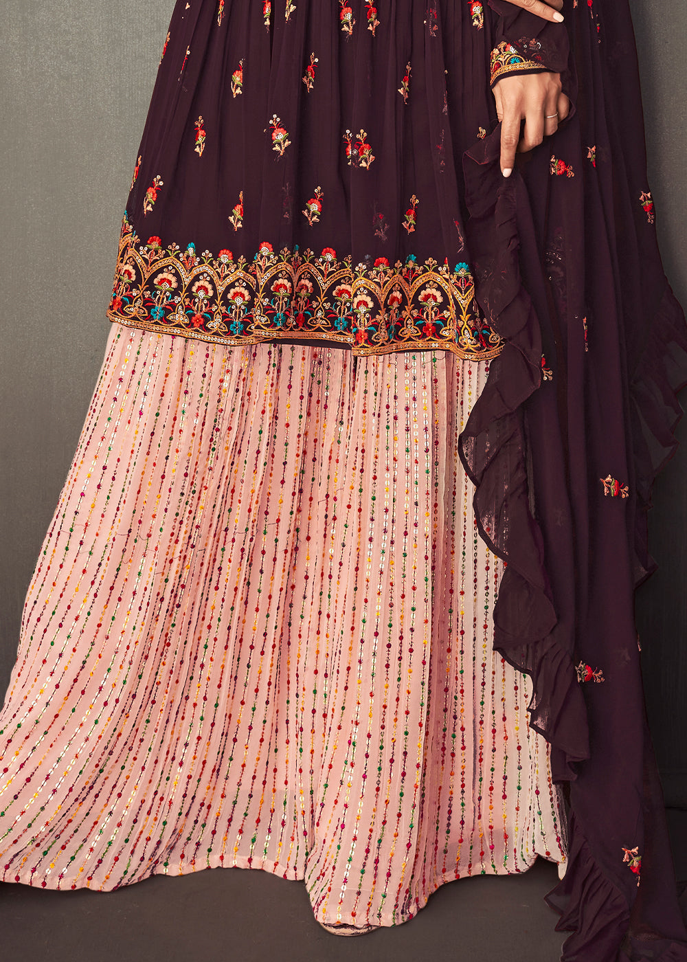 Purple & Pink Georgette Embroidered Lehenga Suit - qivii