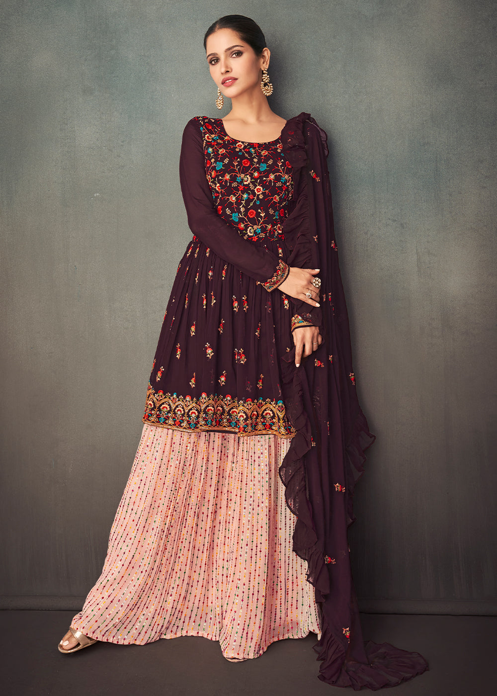 Purple & Pink Georgette Embroidered Lehenga Suit - qivii