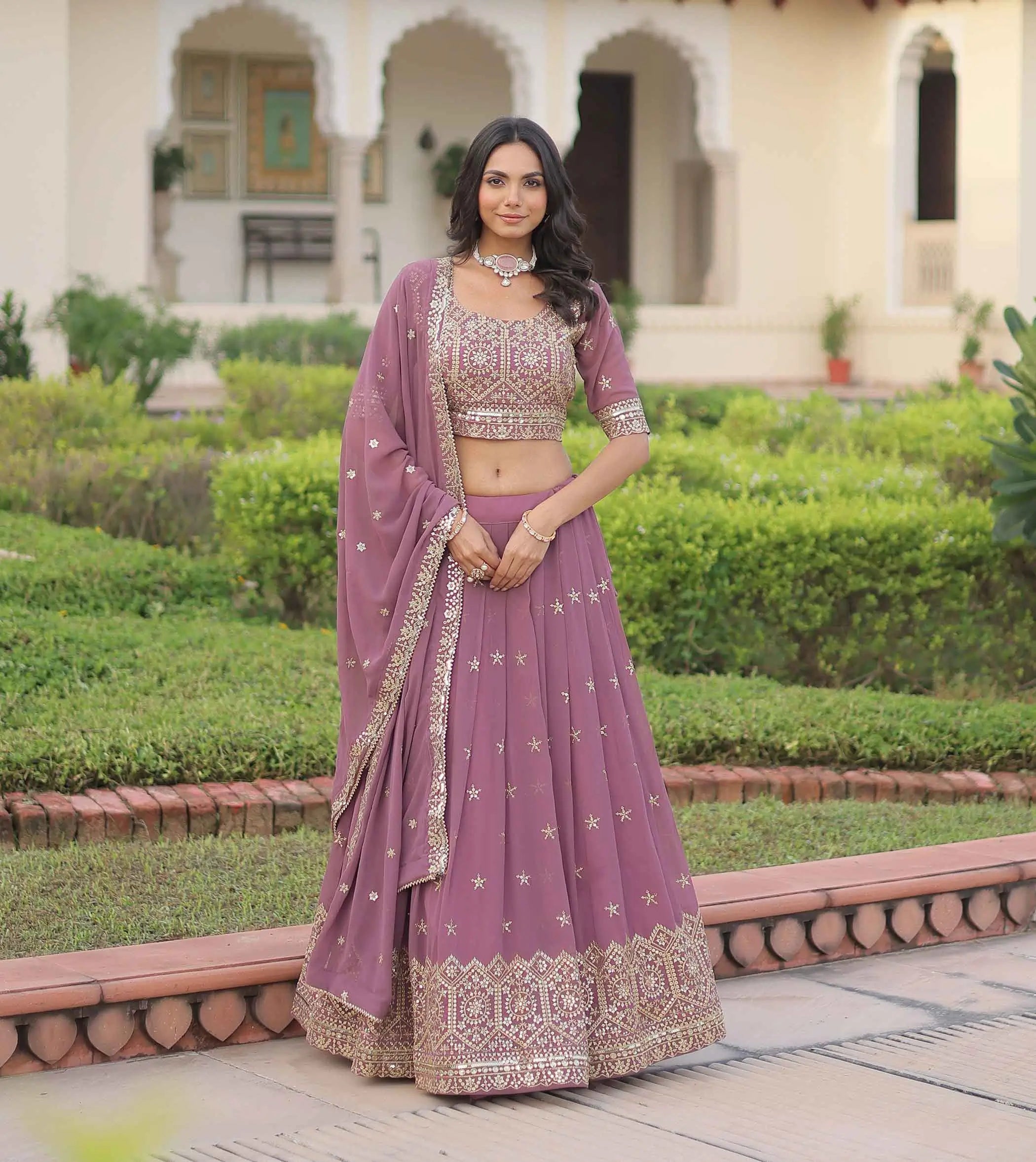 Onion Zari Sequins Embroidery Work Lehenga Choli