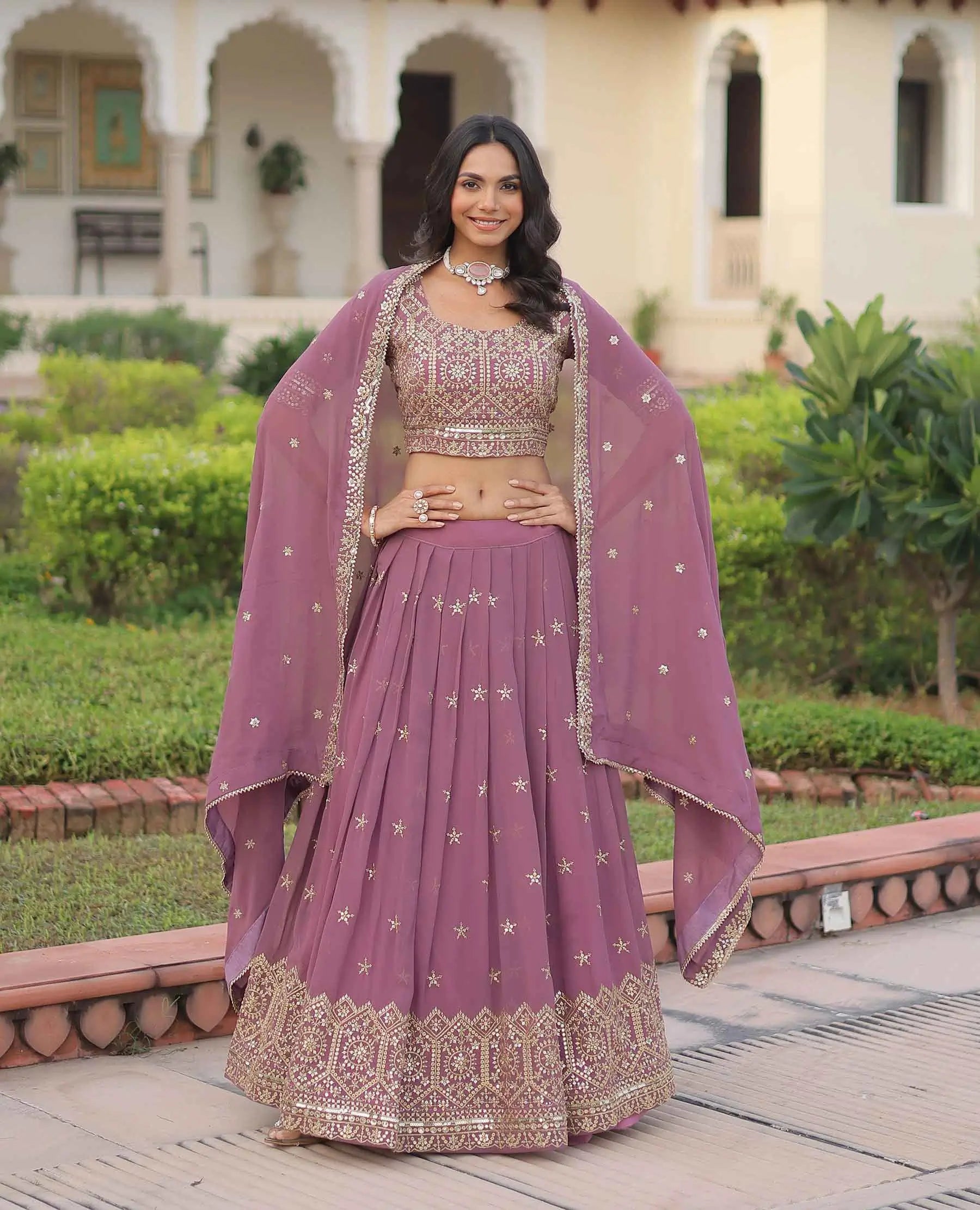 Onion Zari Sequins Embroidery Work Lehenga Choli
